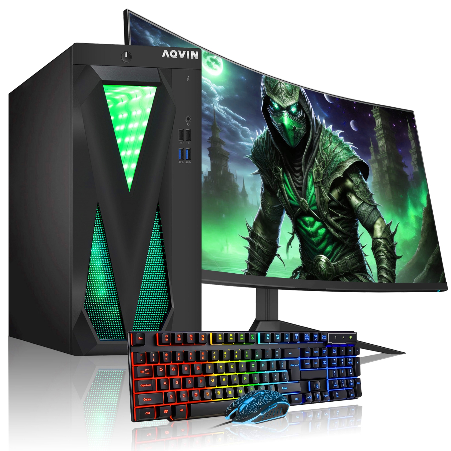 Refurbished (Excellent) - Custom built RGB tower gaming pc - AQVIN | amd radeon graphics card rx 550 | intel core i7 | 32gb ram ddr4 | 1tb ssd | windows 10 Pro | 24" curved monitor