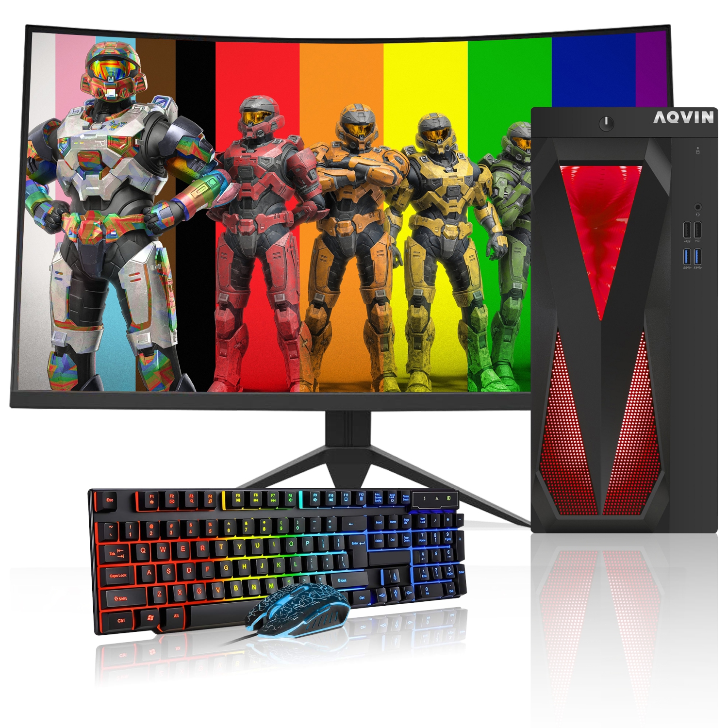 Refurbished (Excellent) - Custom built RGB tower gaming pc - AQVIN | amd radeon graphics card rx 550 | intel core i7 | 32gb ram ddr4 | 2tb ssd | windows 10 Pro | 27" curved monitor