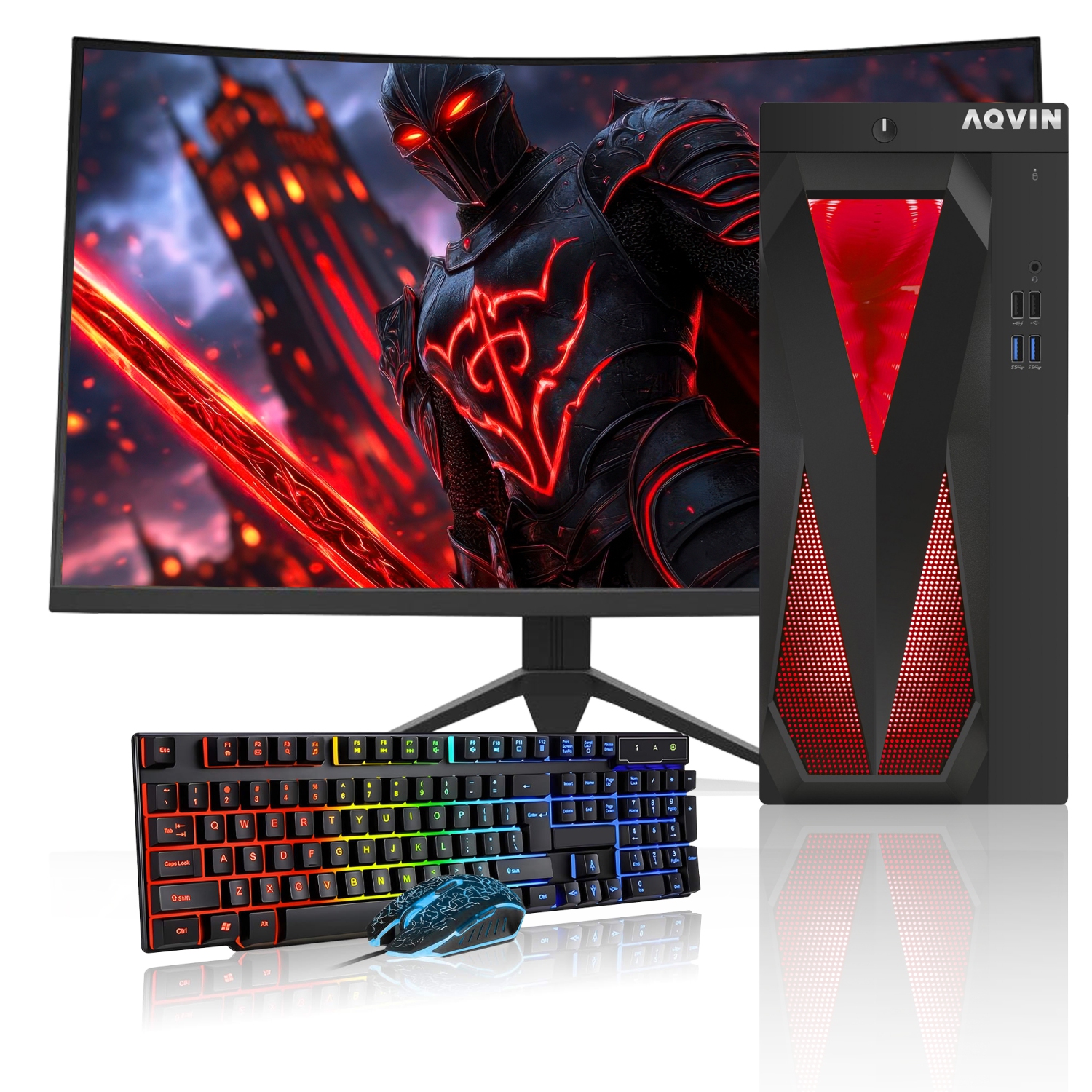 Refurbished (Excellent) - Prebuilt RGB Gaming PC Combo AQVIN | 24-inch Curved Monitor | Intel i7 | 32GB RAM | 1TB SSD | NVIDIA GeForce GTX 1050Ti 4GB | Windows 10 Pro - Black