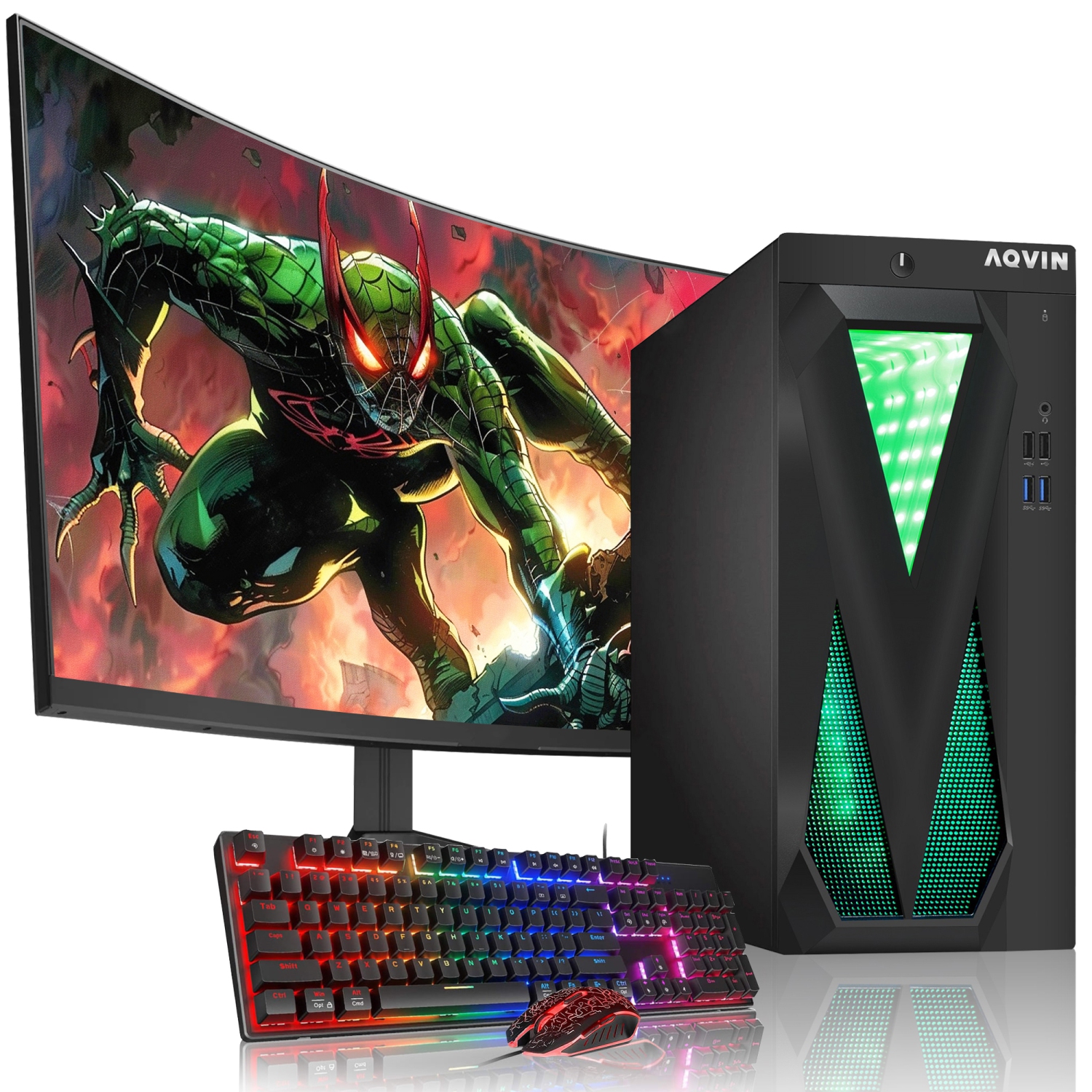Refurbished (Excellent) - Prebuilt RGB Gaming PC Combo AQVIN | 24-inch Curved Monitor | Intel i7 | 32GB RAM | 2TB SSD | NVIDIA GeForce GTX 1050Ti 4GB | Windows 10 Pro - Black