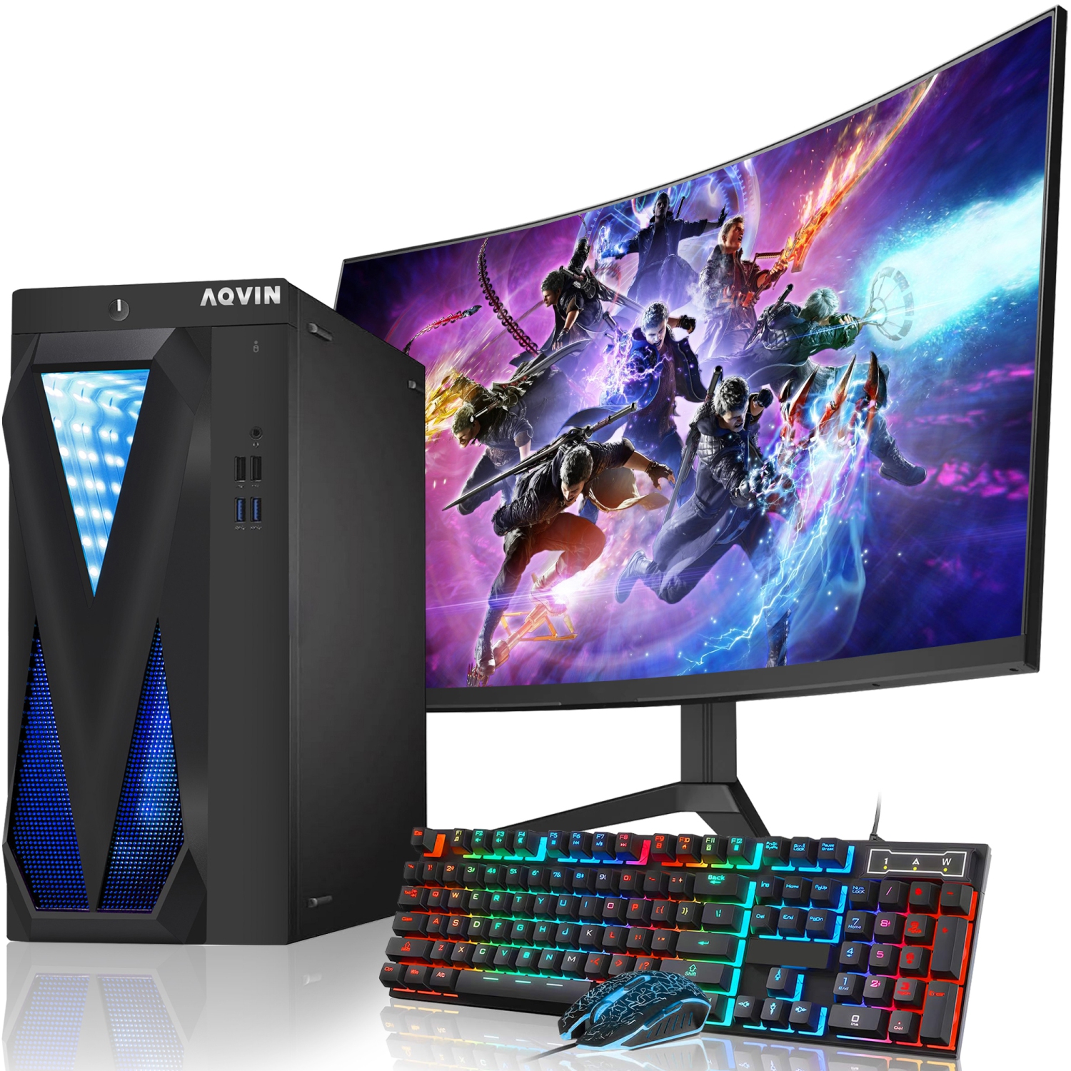 Refurbished (Excellent) - Prebuilt RGB Gaming PC Combo AQVIN | 27-inch Curved Monitor | Intel i7 | 32GB RAM | 1TB SSD | NVIDIA GeForce GTX 1050Ti 4GB | Windows 10 Pro - Black