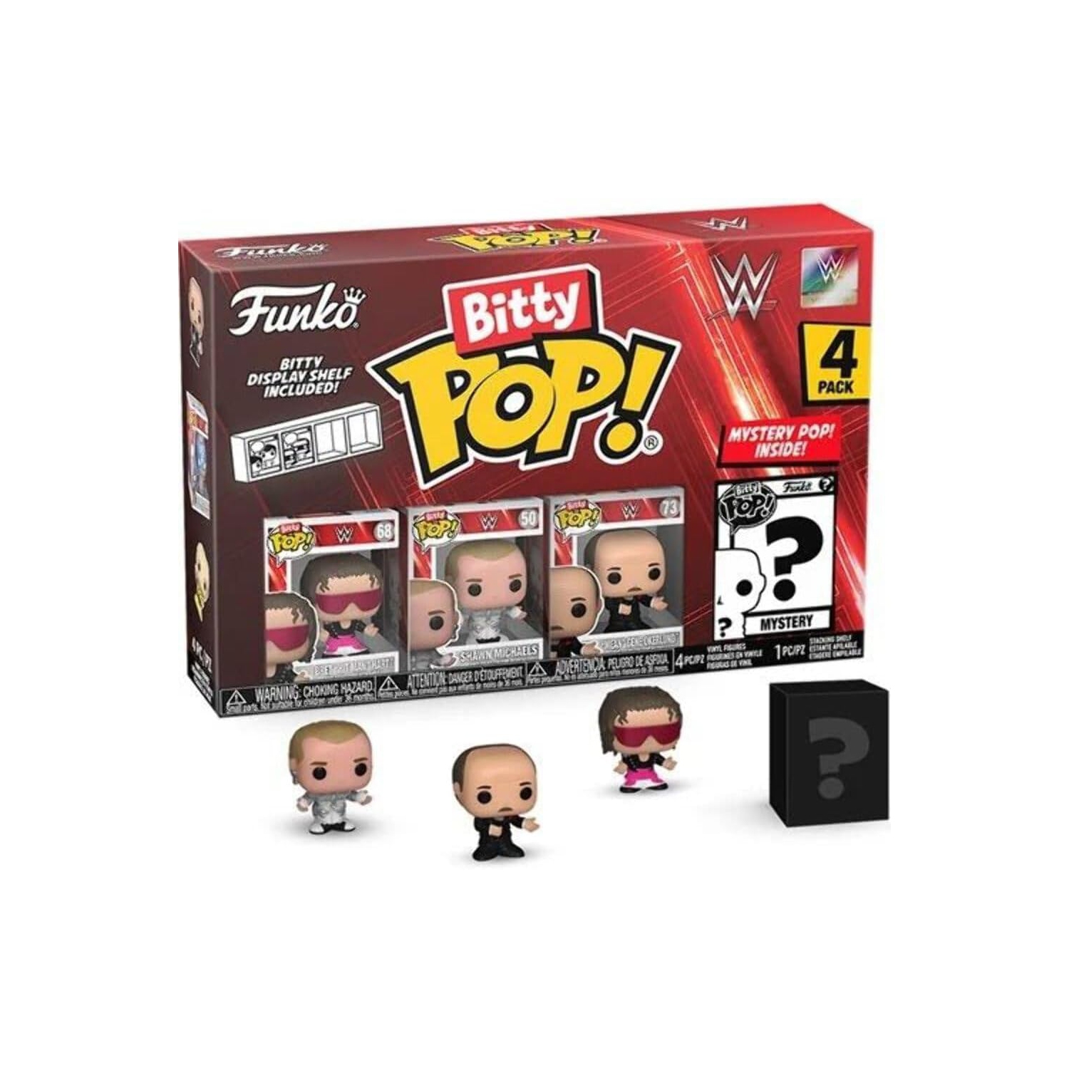 Funko Bitty Pop! : WWE Mini Collectible Toys 4-Pack - Bret “Hit Man” Hart, Shawn Michaels, “Mean” Gene Okerlund, & Mystery Chase Figure (Styles May Vary)