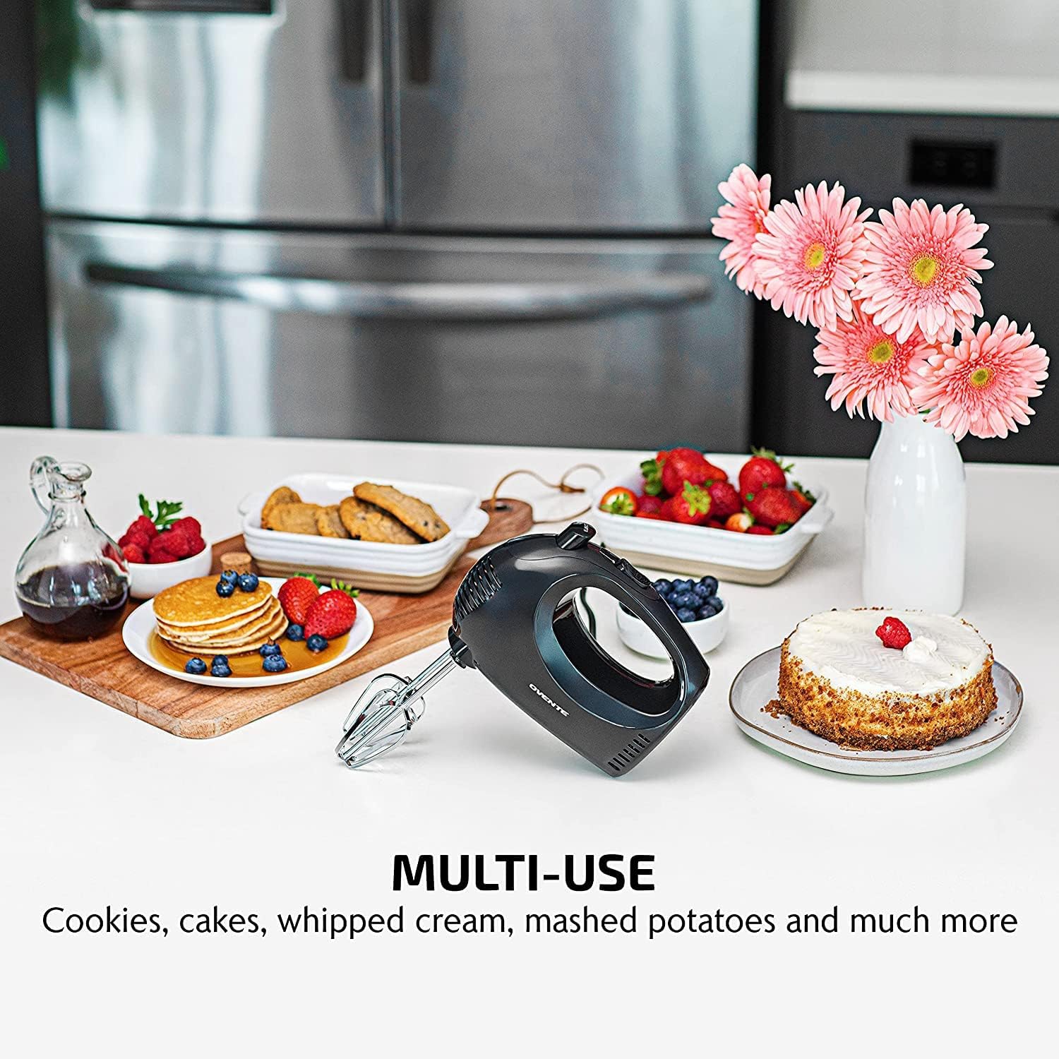 OVENTE Portable 5 Speed Mixing Electric Hand Mixer with Stainless Steel Whisk Beater Attachments & Snap Storage Case, Compact Lightweight 150 Watt