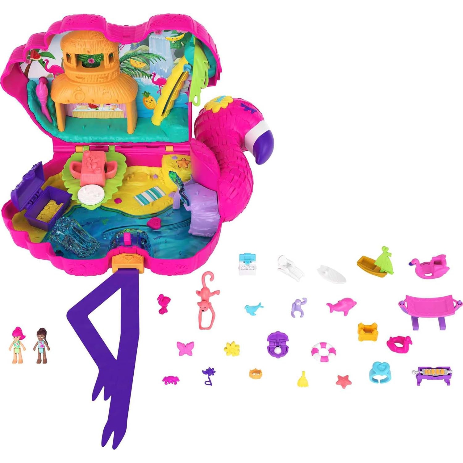 Polly Pocket Mini Toys | Large Compact Playset with 2 Micro Dolls and Accessories | Flamingo Party | Travel Toys and Gifts for Kids