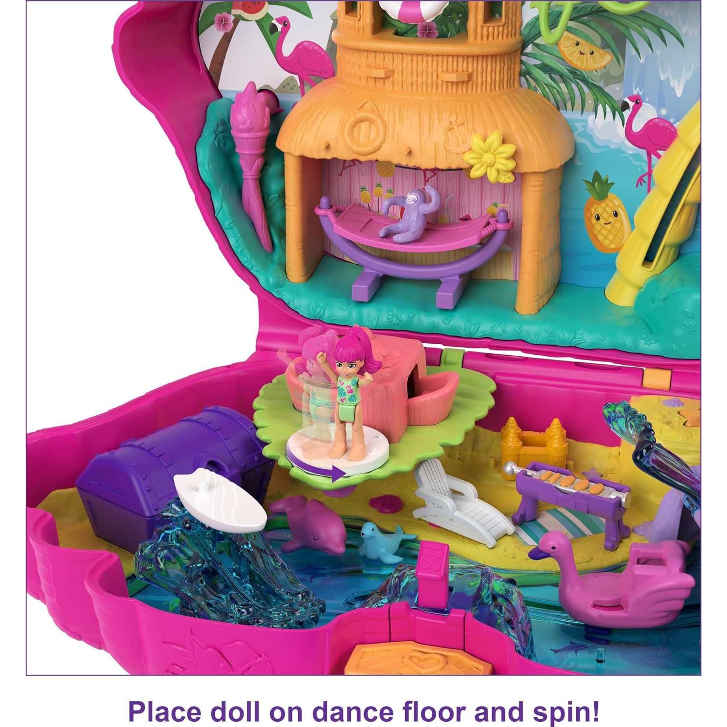 Polly Pocket Mini Toys | Large Compact Playset with 2 Micro Dolls and Accessories | Flamingo Party | Travel Toys and Gifts for Kids