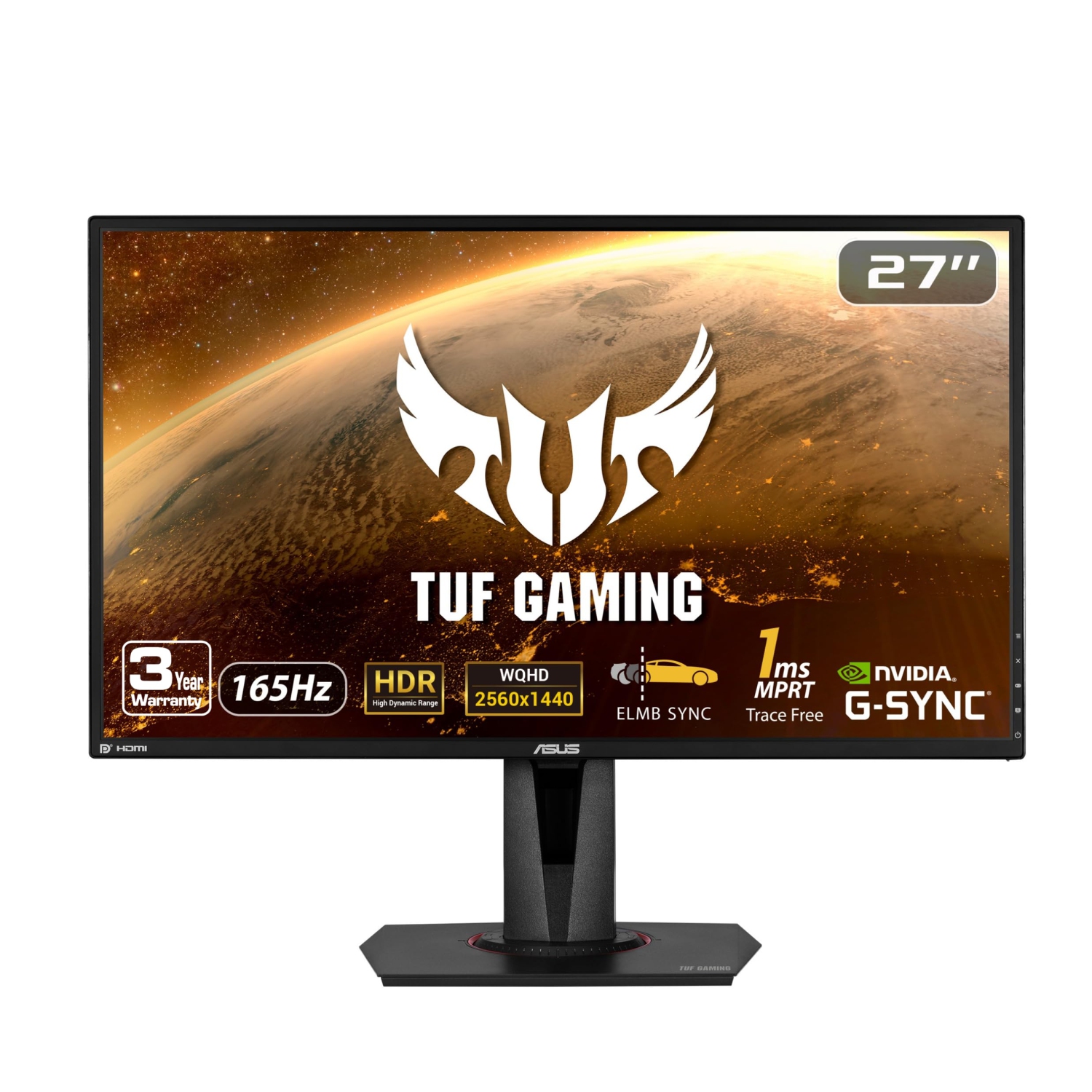 ASUS TUF Gaming 27" 2K HDR Gaming Monitor (VG27AQ) - QHD (2560 x 1440), 165Hz (Supports 144Hz), 1ms, Extreme Low Motion Blur, Speaker, G-SYNC Compatible, VESA Mountable, DisplayPor