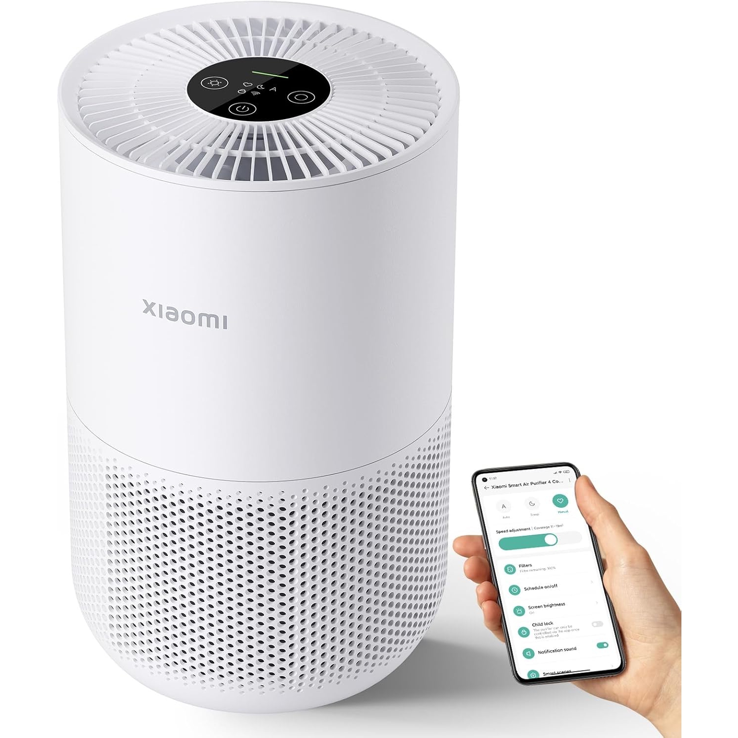 Xiaomi Mi Air Purifier 4 Compact, True HEPA H13 3-Stage Filter System Removes 99.97% of Pollutants, OLED Touch Display，Ultra-Quiet