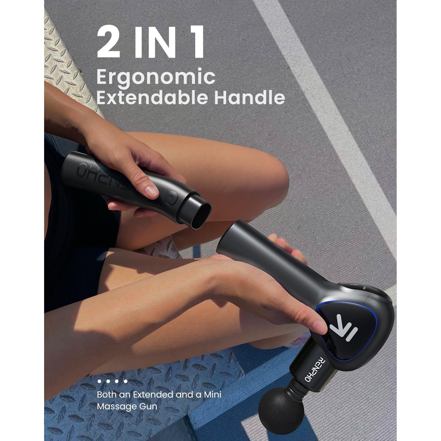 Pistolet de massage RENPHO avec poignée d'extension améliorée percussion, mini appareil de massage portatif pour tissus profonds à 5 vitesses avec