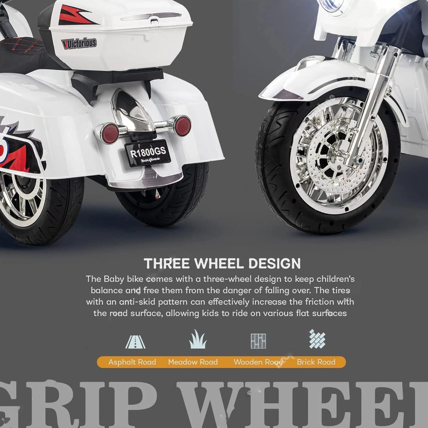 Zoom Buggeez 2024 NEL R1800 12V 3 Wheel Electric Kids Ride On Motorcycle - White