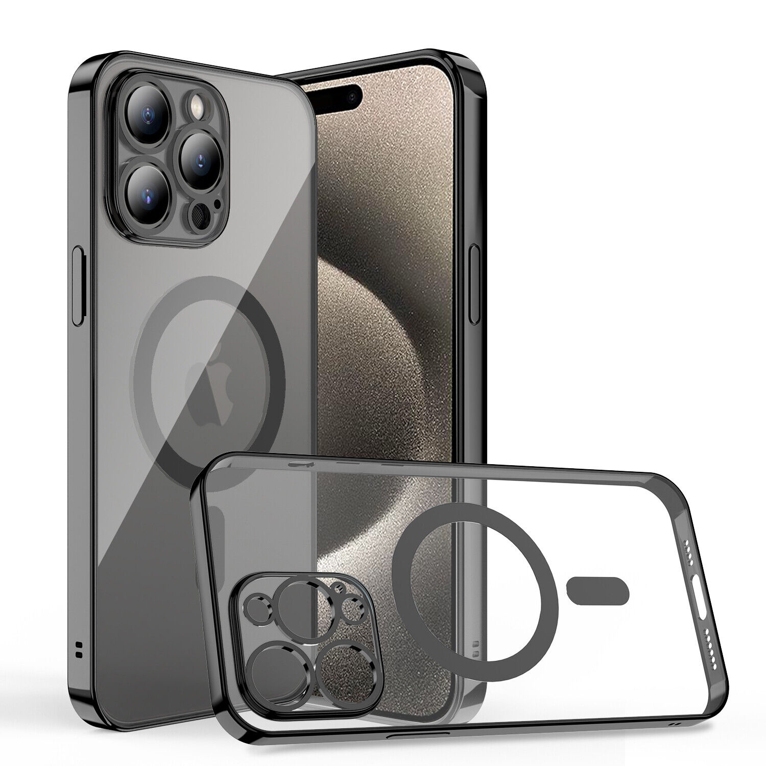 For Apple iPhone 16 Plus MagSafe Magnetic Case with HaloLock Shockproof Protective Electroplating Clear Cover - Black