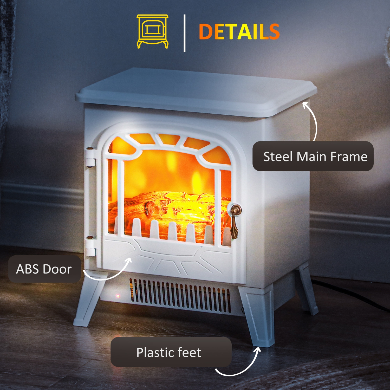 HOMCOM Electric Fireplace Stove, 16" 1500W Portable Freestanding Fireplace Heater with 3D Realistic Flame, Indoor Stove Heater with Overheat