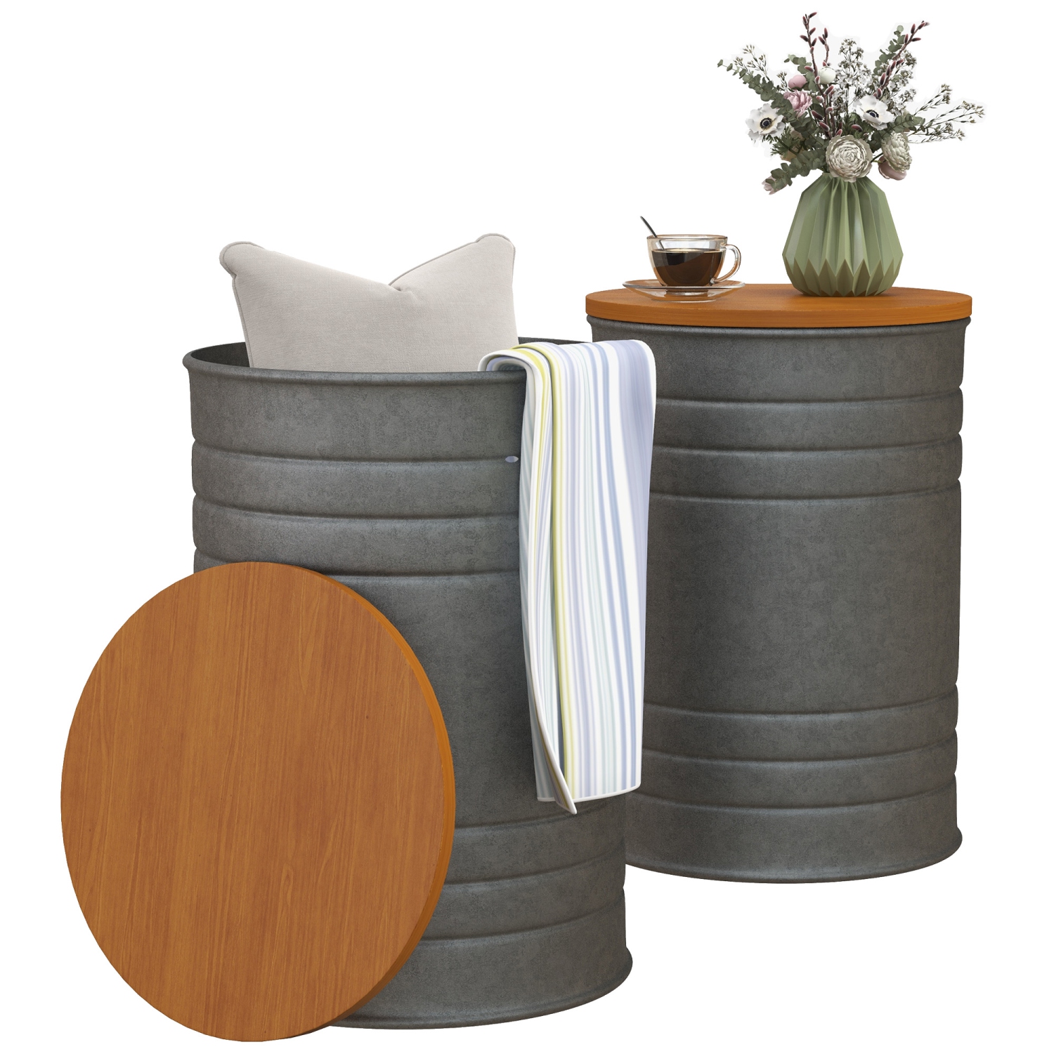 HOMCOM Nesting Tables, Side Table Set of 2, Round Coffee Table with Removable Wood Lid, Metal Frame and Hidden Space, Industrial End Tables for