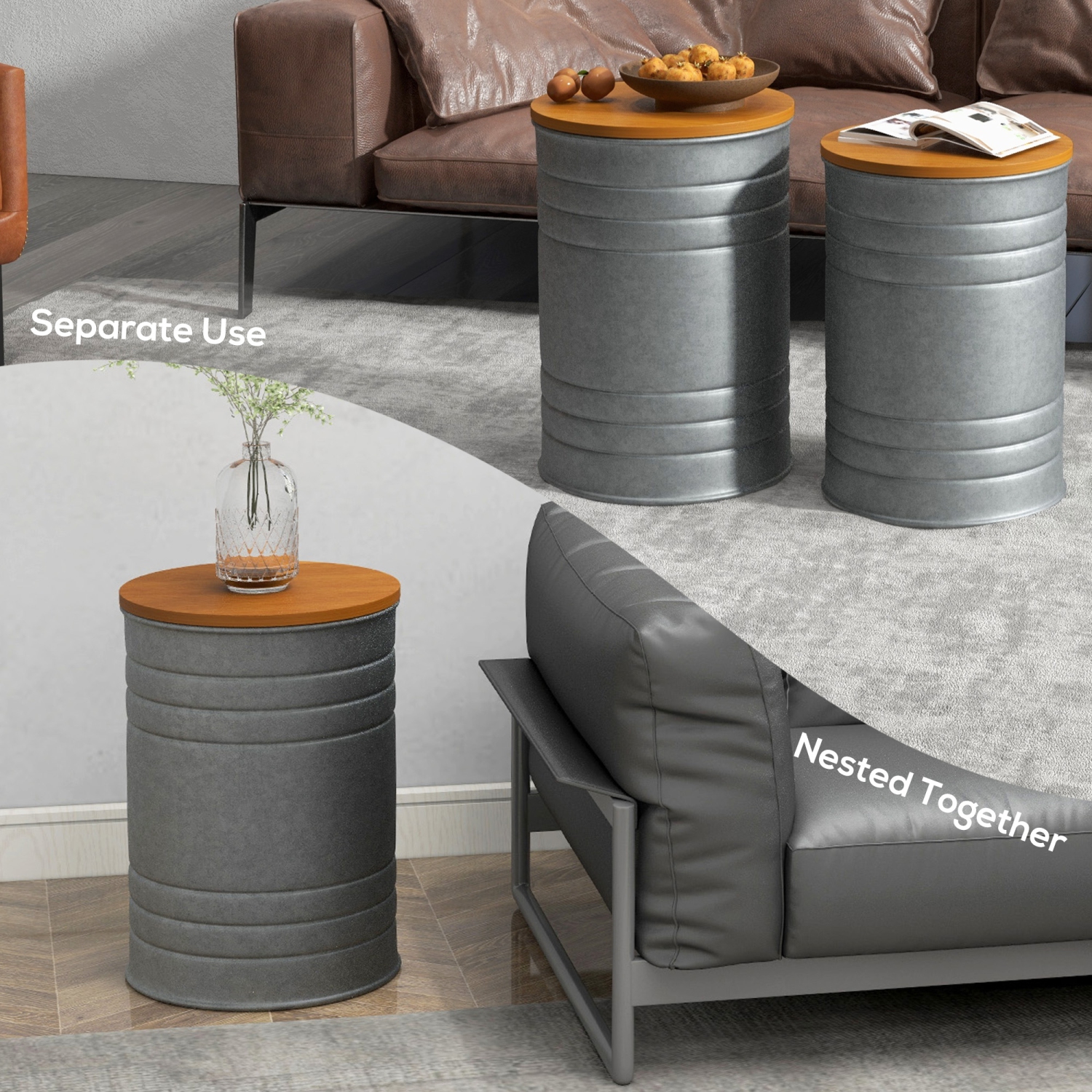 HOMCOM Nesting Tables, Side Table Set of 2, Round Coffee Table with Removable Wood Lid, Metal Frame and Hidden Space, Industrial End Tables for