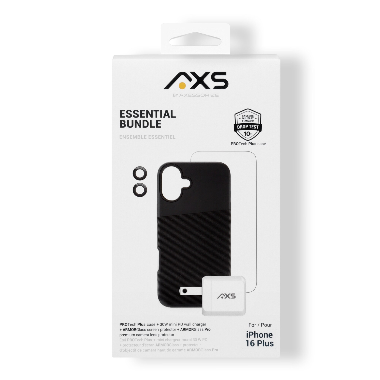 AXS Essential Bundle | PROTech Plus Case, Screen Protectors and 30w Charger for Apple iPhone 16 Plus | Black