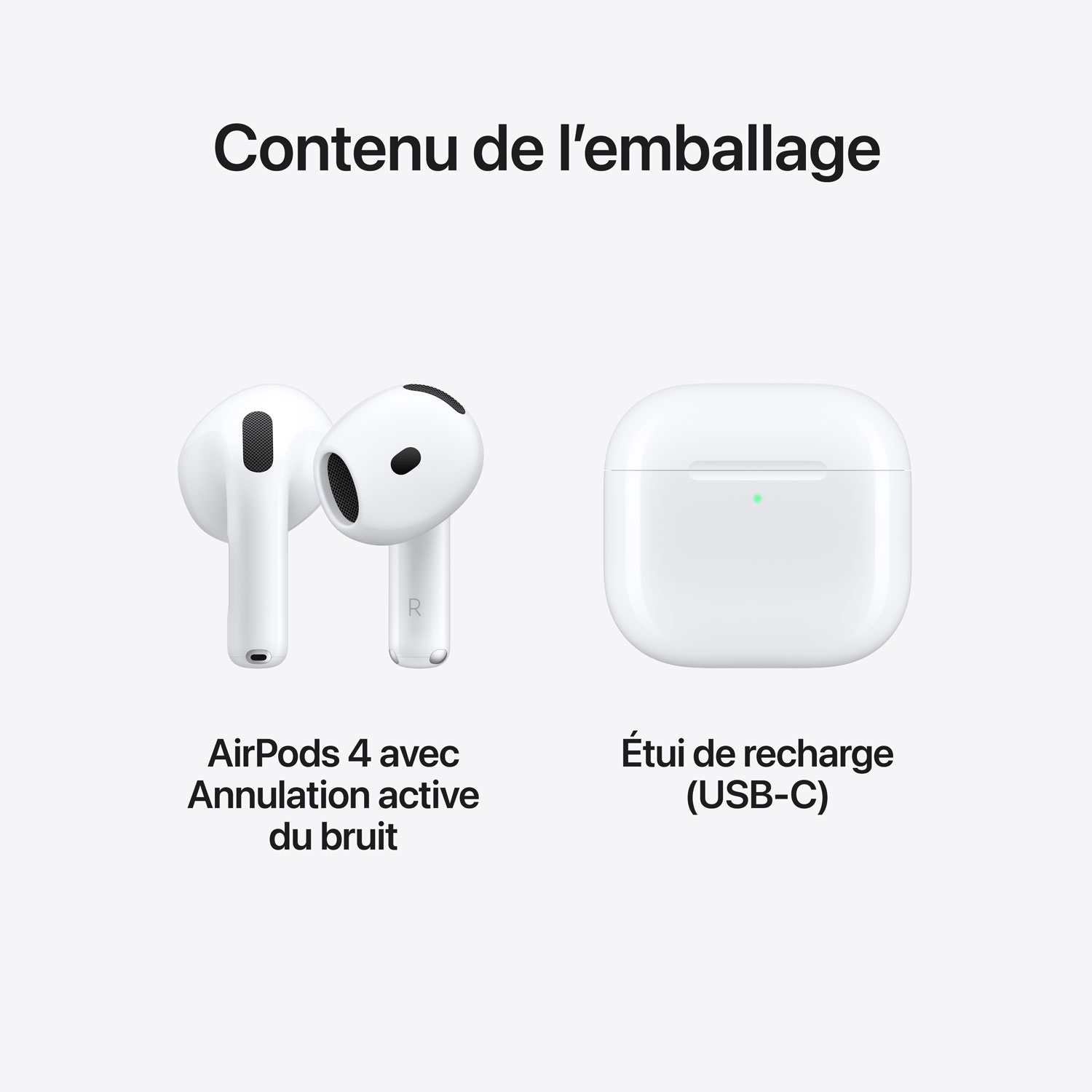 Écouteurs boutons 100 % sans fil à suppression active du bruit AirPods 4 d'Apple avec étui de chargement USB-C