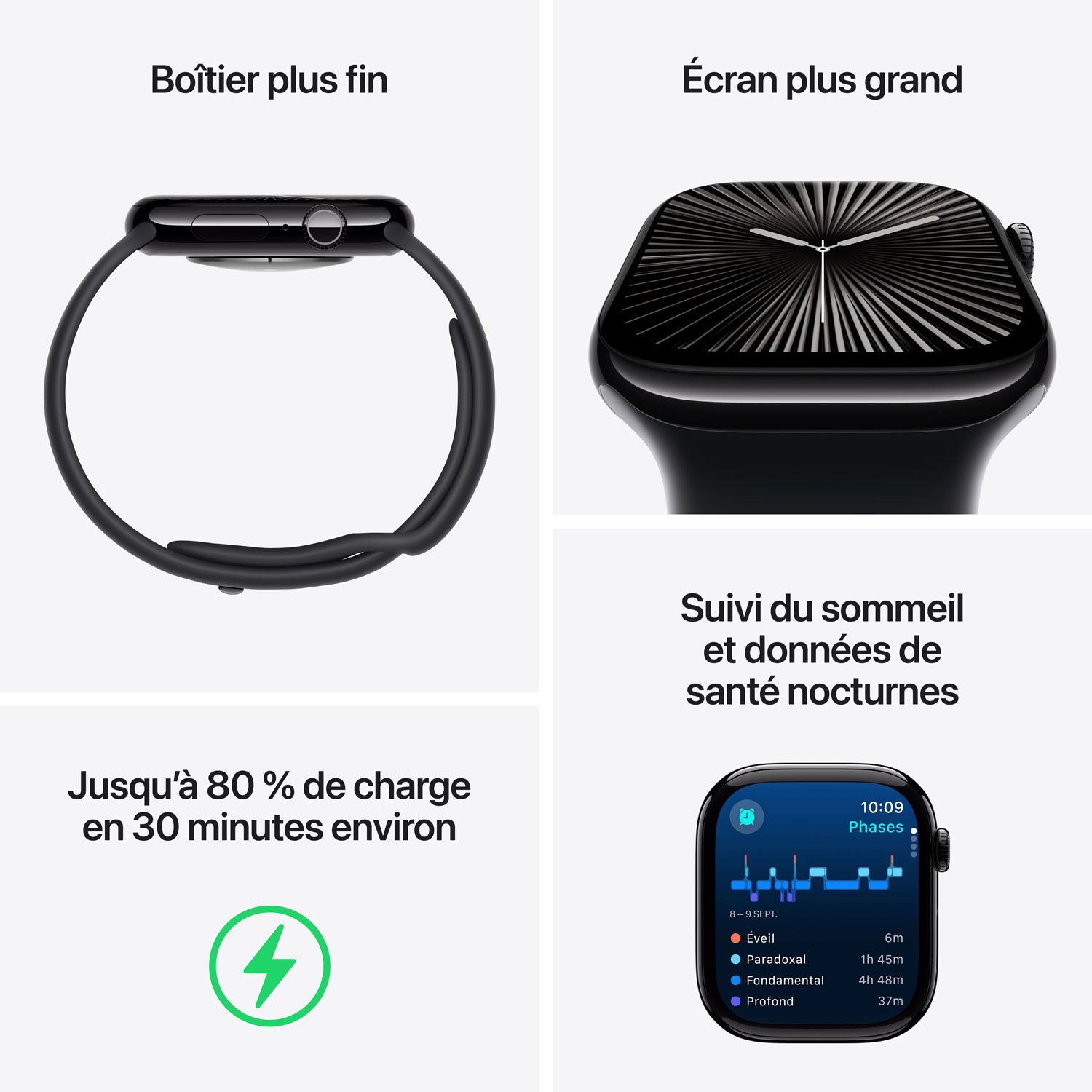 Apple Watch Series 10 avec boîtier de 42 mm en aluminium noir de jais et bracelet sport noir - Moyen/Grand