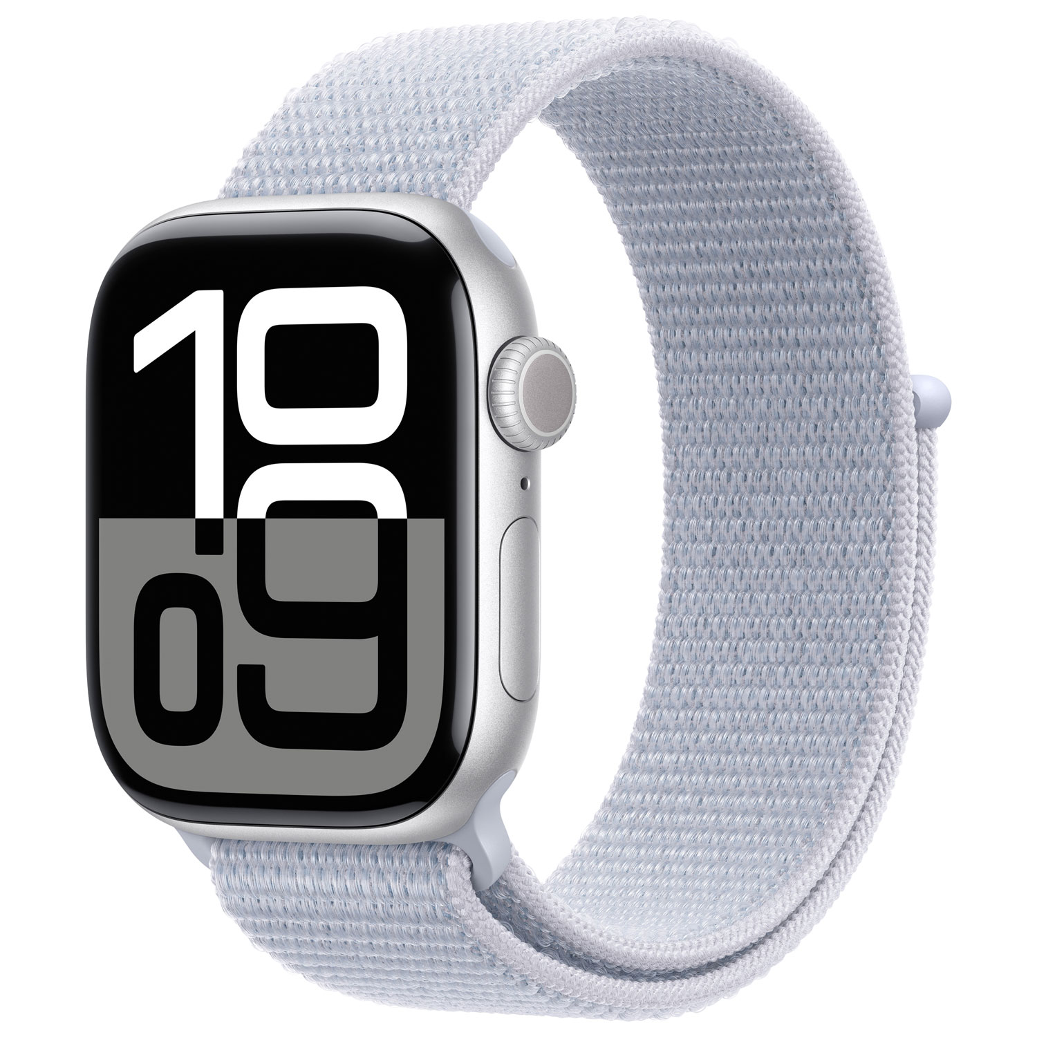 Apple Watch Series 10 avec boîtier de 42 mm en aluminium argenté et bracelet sport à rabat nuage bleu