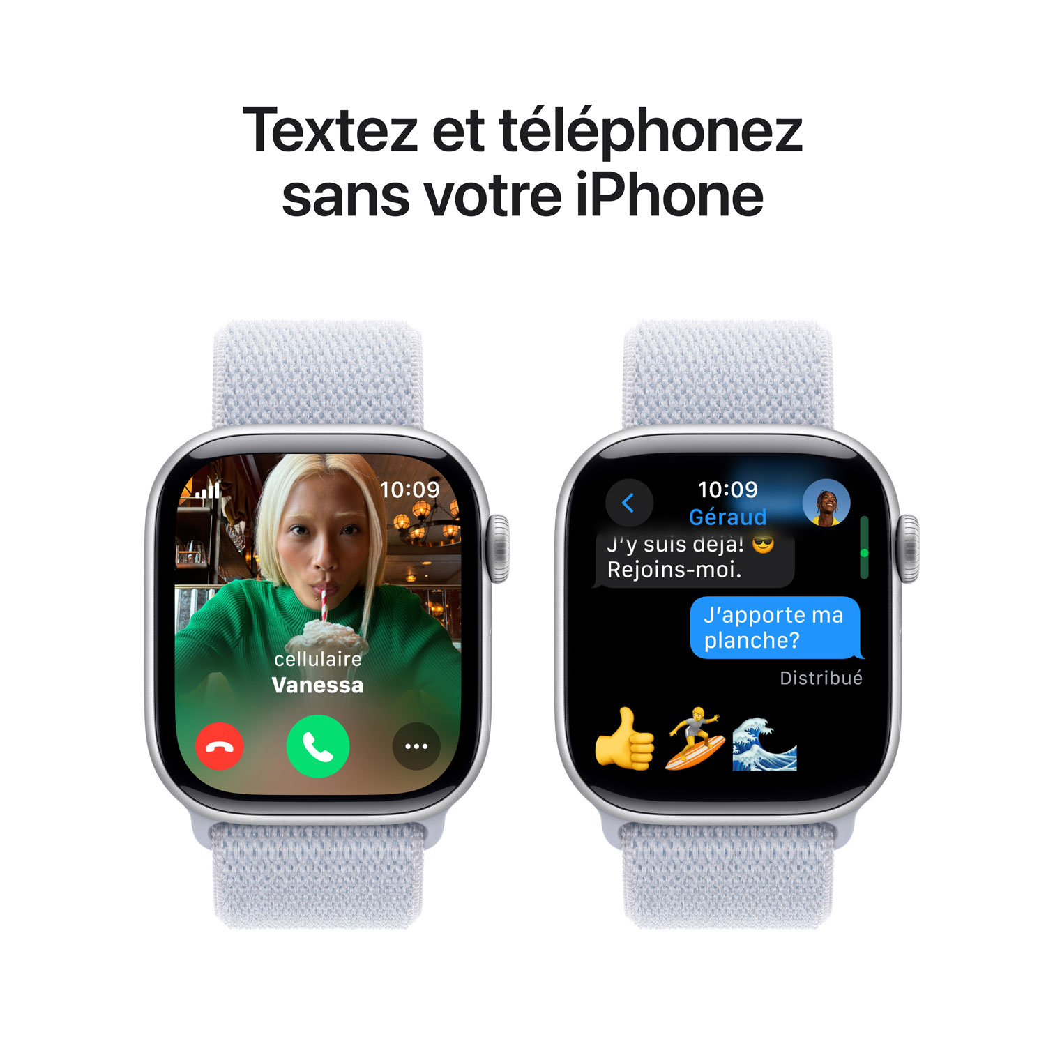 Apple Watch Series 10 avec boîtier de 42 mm en aluminium argenté et bracelet sport à rabat nuage bleu