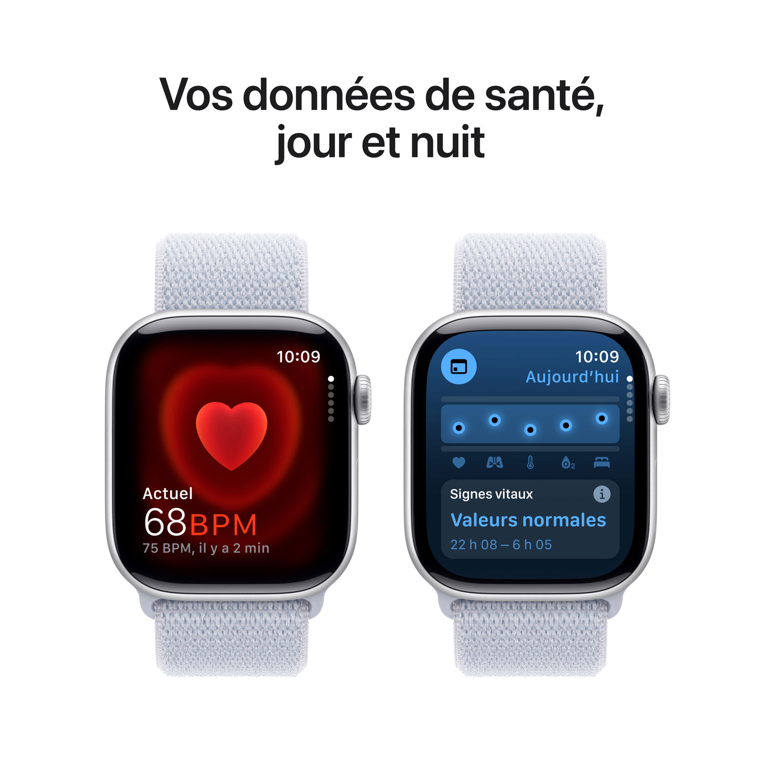 Apple Watch Series 10 avec boîtier de 42 mm en aluminium argenté et bracelet sport à rabat nuage bleu