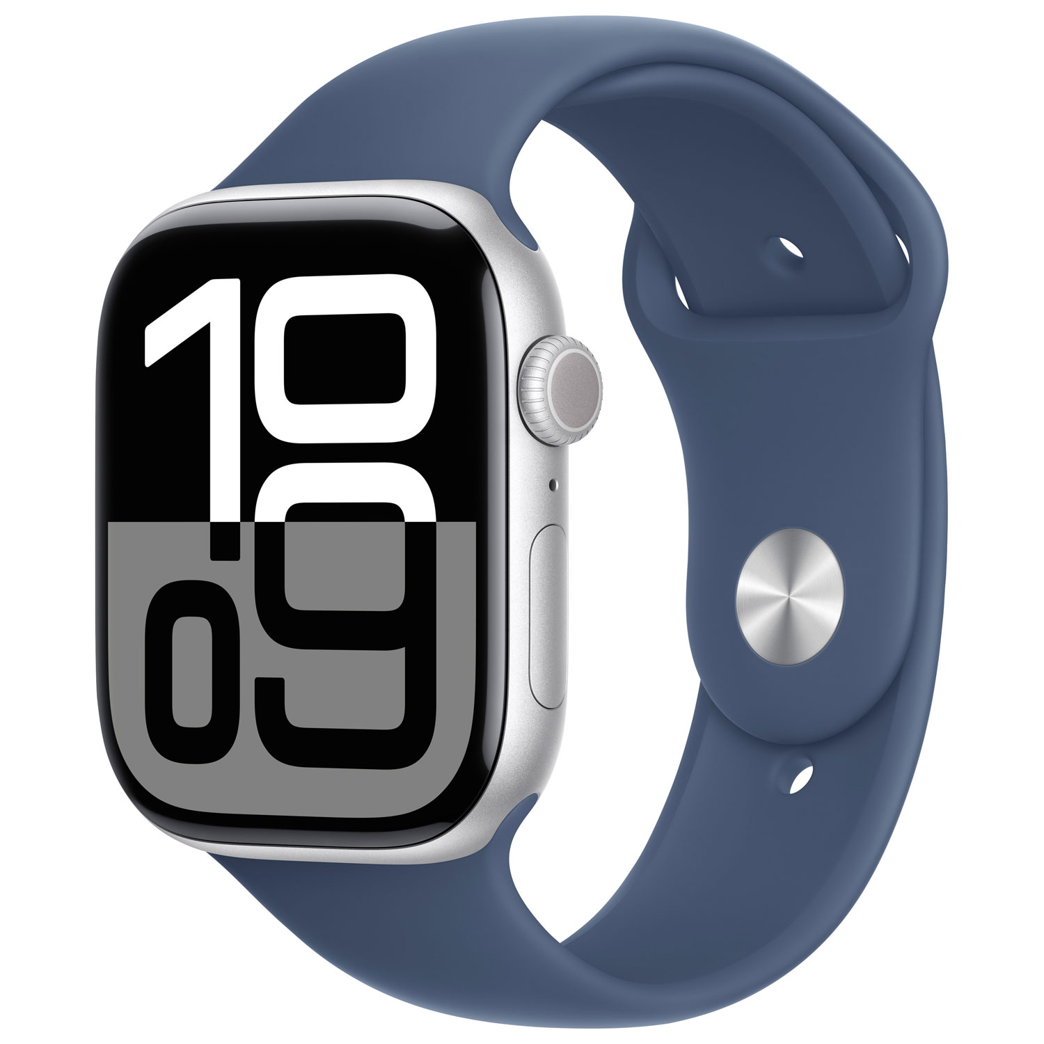 Apple Watch Series 10 de 46 mm avec boîtier en aluminium argenté et bracelet sport denim - Moyen/Grand