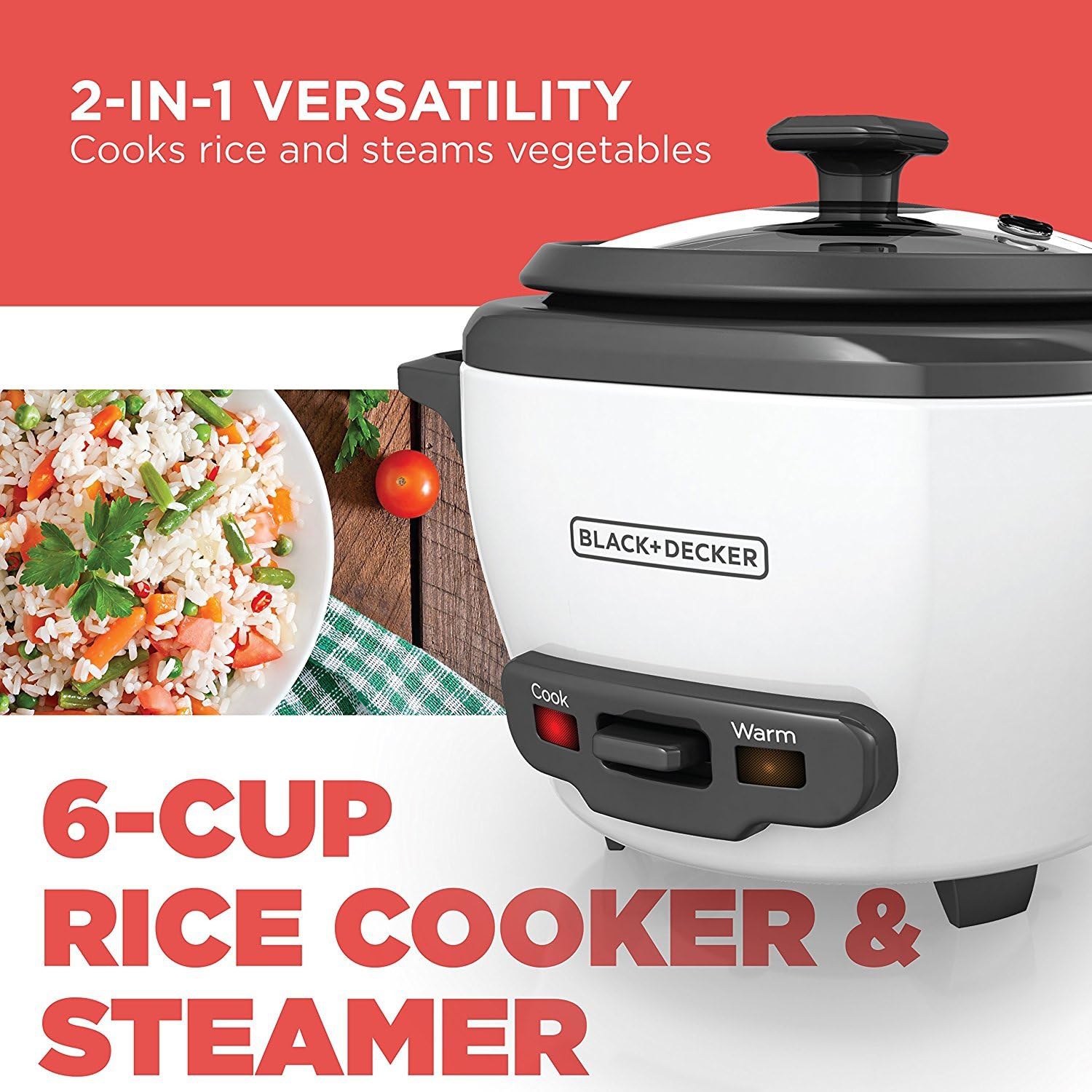 2-in-1 Rice Cooker & Food Steamer - 6-Cup Capacity, Automatic Keep Warm, Nonstick Bowl, Steaming Basket - Effortless Cooking