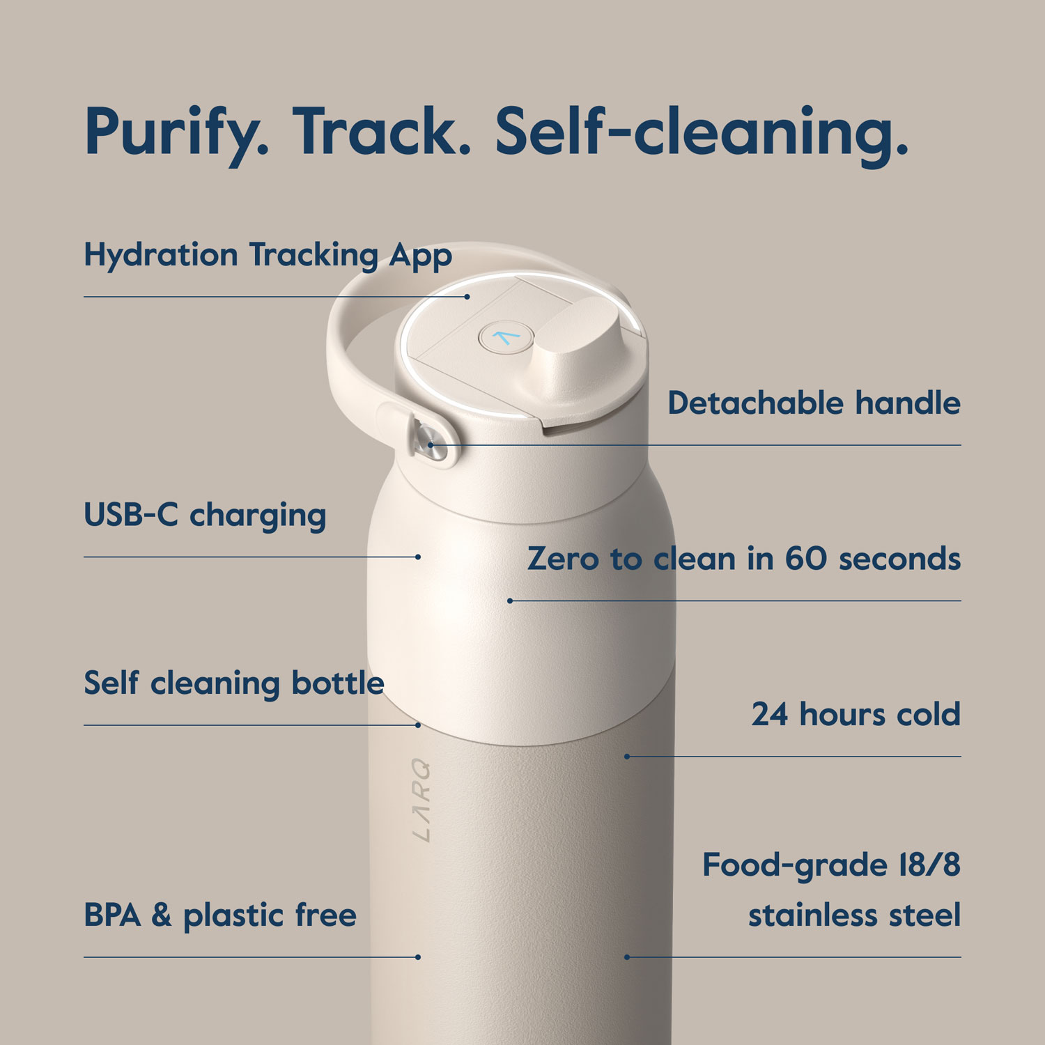 LARQ PureVis 2 680ml Self-Cleaning Insulated Stainless Steel Water Bottle with Smart Sensor - Beige