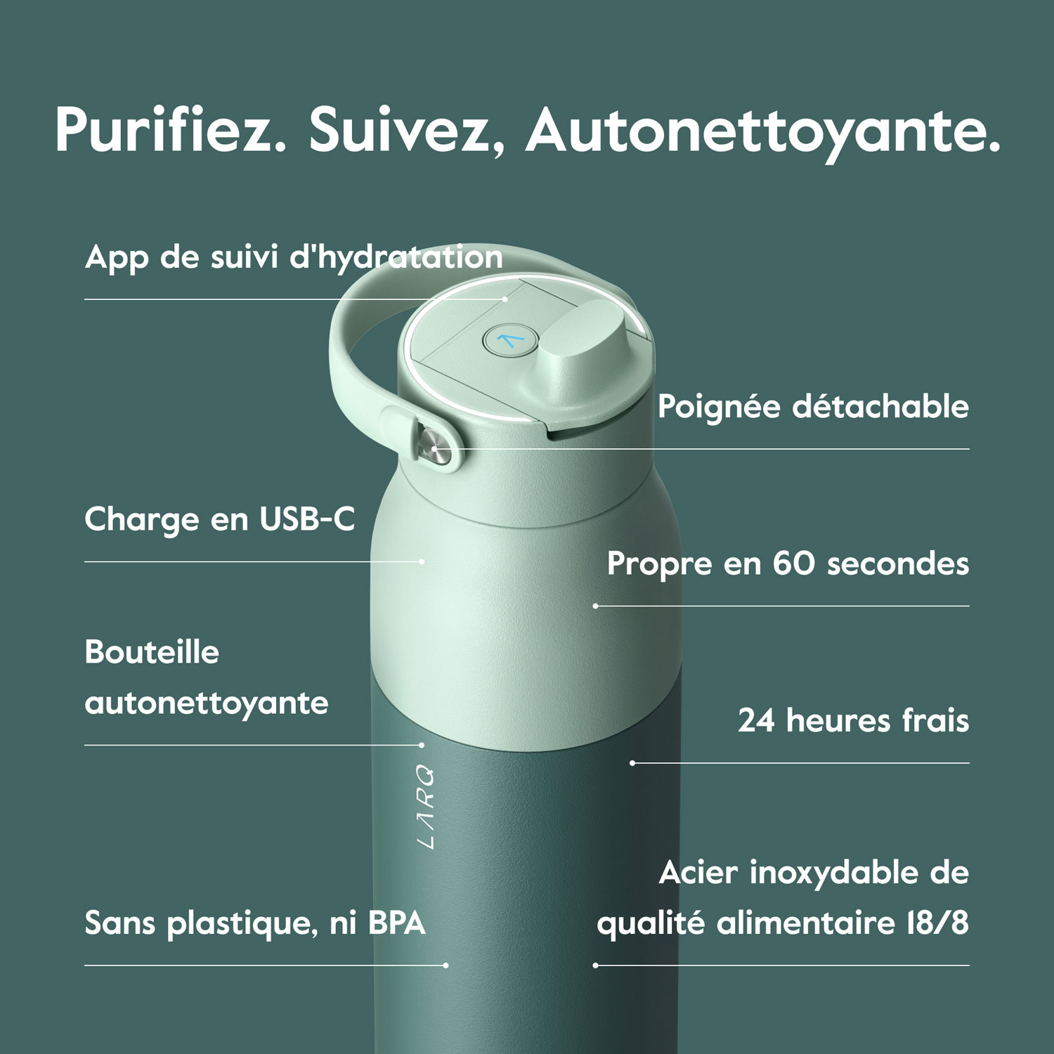 Bouteille d'eau de 1 L PureVis 2 autonettoyante en acier inoxydable isotherme avec capteur intelligent de LARQ - Vert
