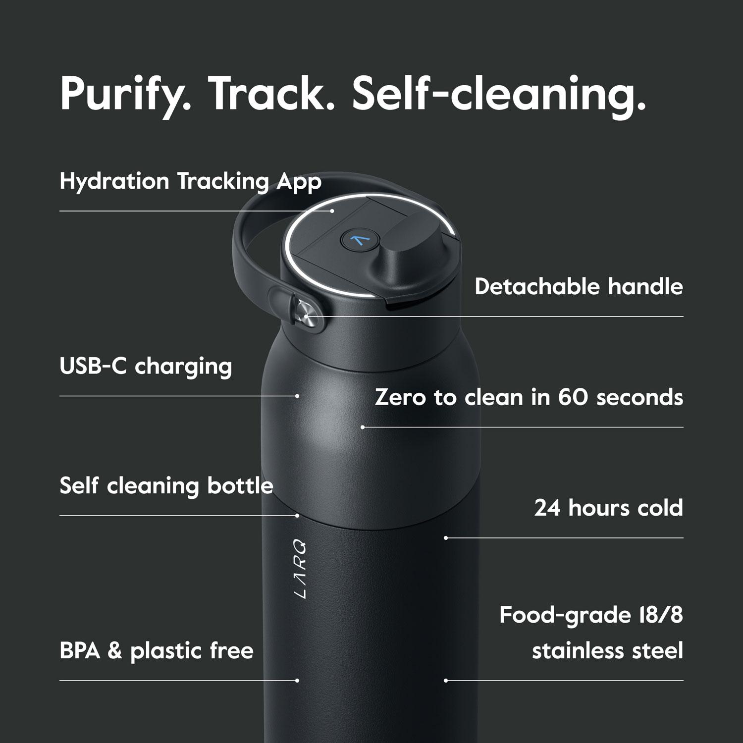 LARQ PureVis 2 1L Self-Cleaning Insulated Stainless Steel Water Bottle with Smart Sensor - Black