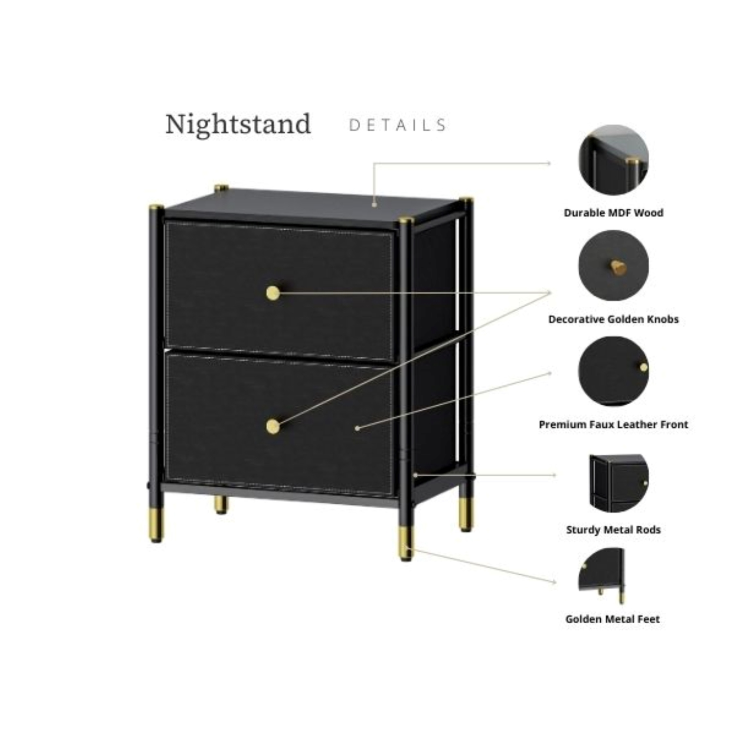 DECOMOMO Luxore Nightstand, Side End Table with 2 Drawers, for Bedroom, Black and Gold