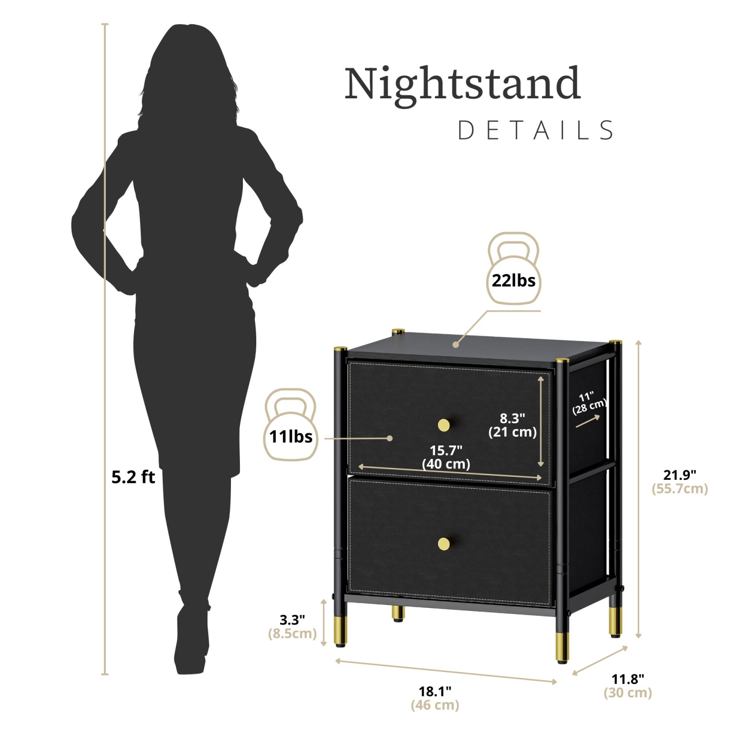 DECOMOMO Luxore Nightstand, Side End Table with 2 Drawers, for Bedroom, Black and Gold
