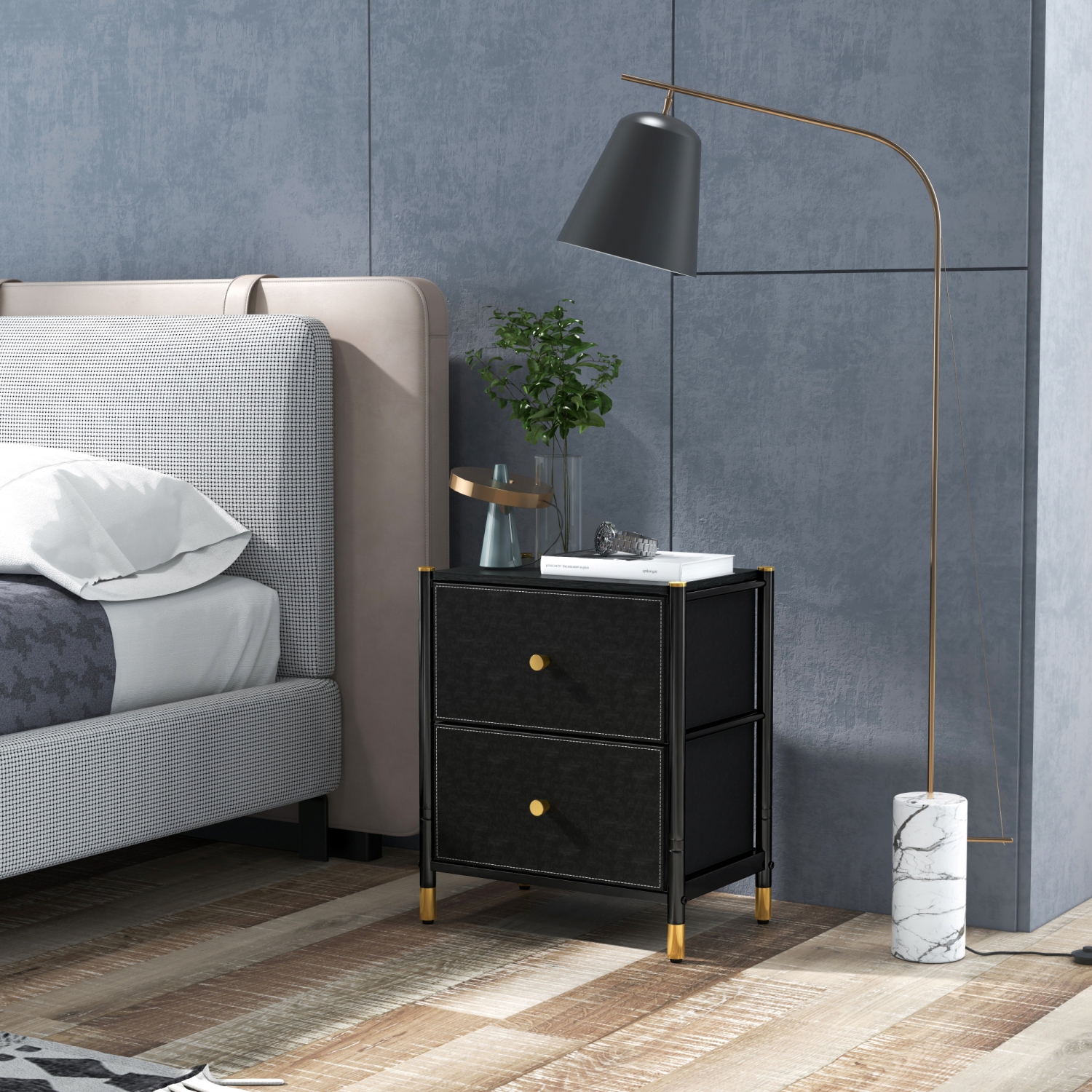 DECOMOMO Luxore Nightstand, Side End Table with 2 Drawers, for Bedroom, Black and Gold