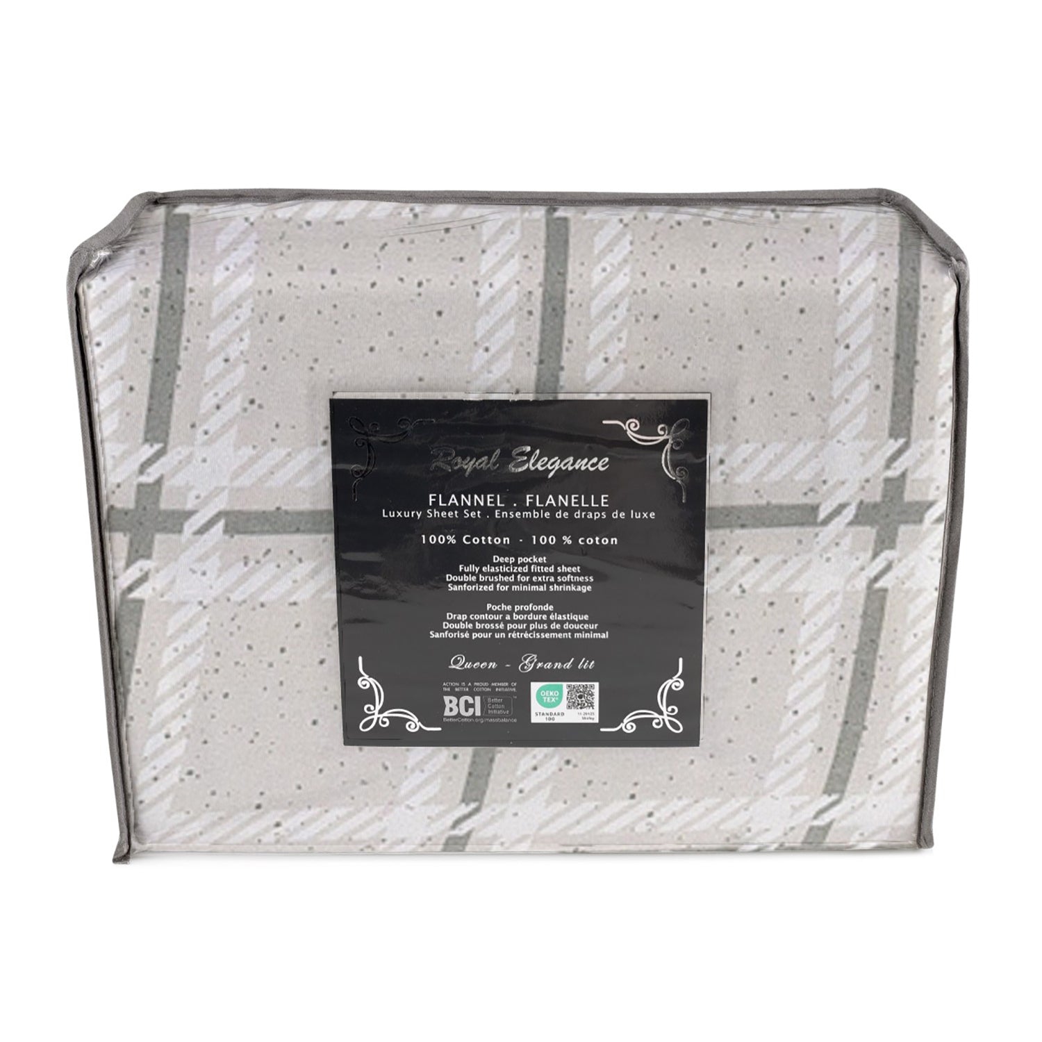 Coton House - Ensemble de draps en flanelle, 100 % coton, lit simple, motif écossais gris