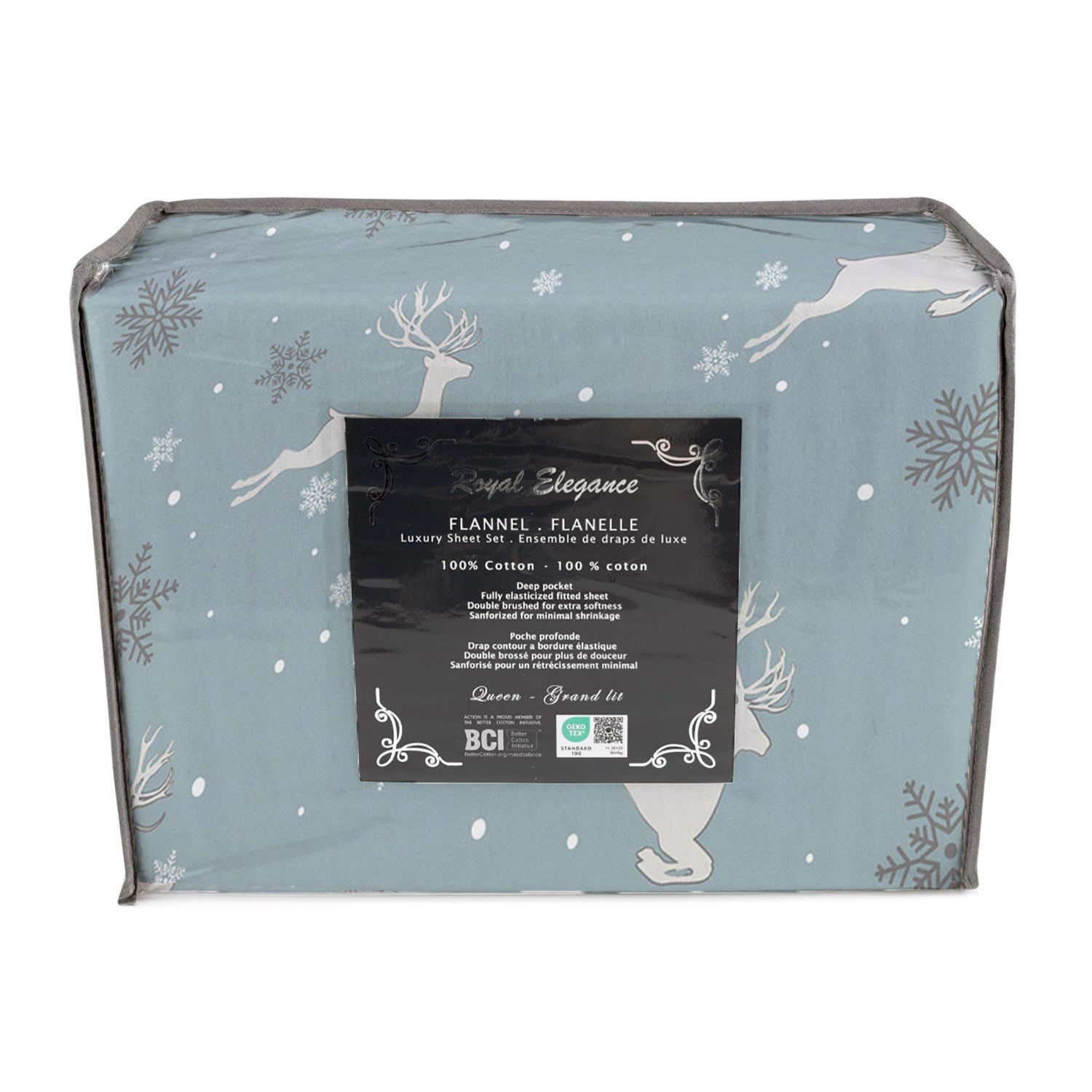 Cotton House - Flannel Sheet Set, 100% Cotton, King Size, Deer and Snowflake Design