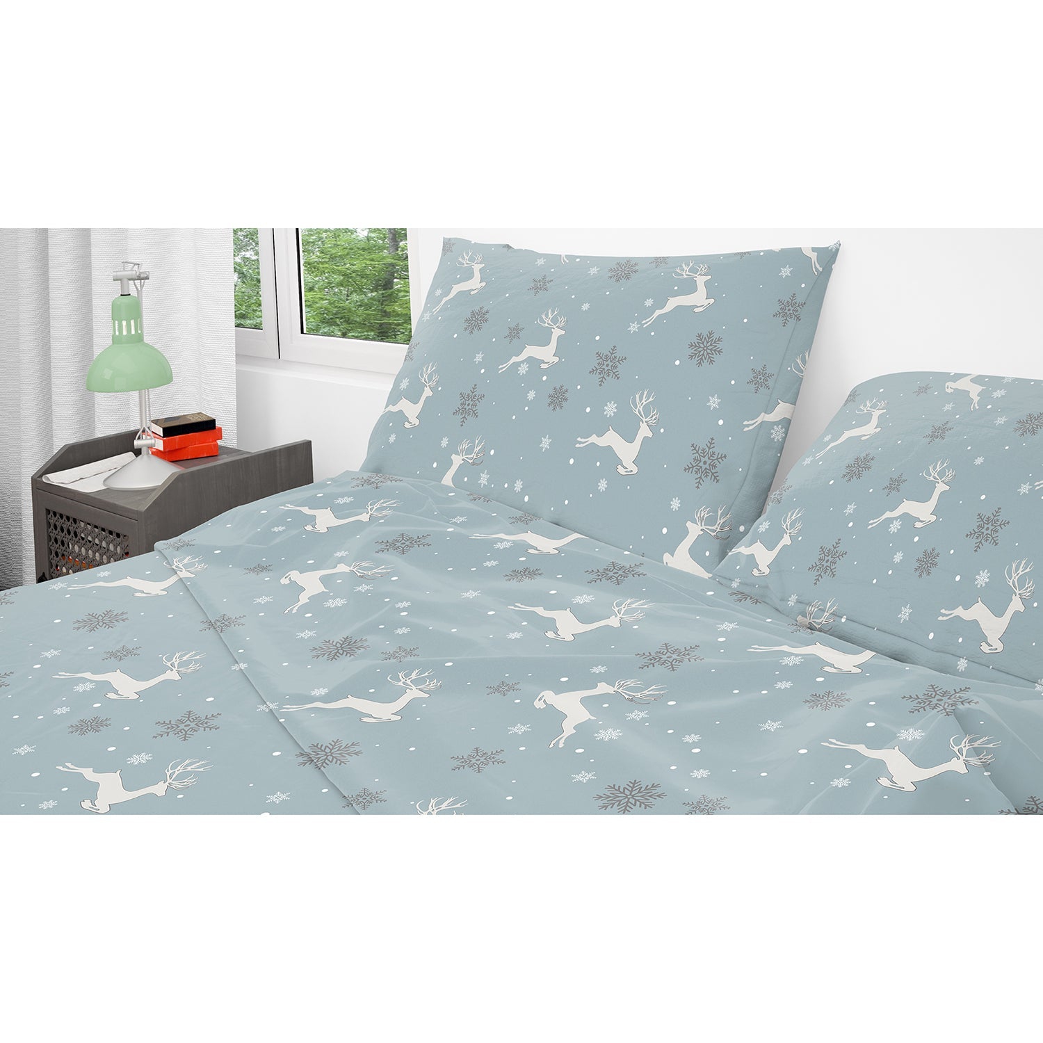 Cotton House - Flannel Sheet Set, 100% Cotton, Twin Size, Deer and Snowflake Design