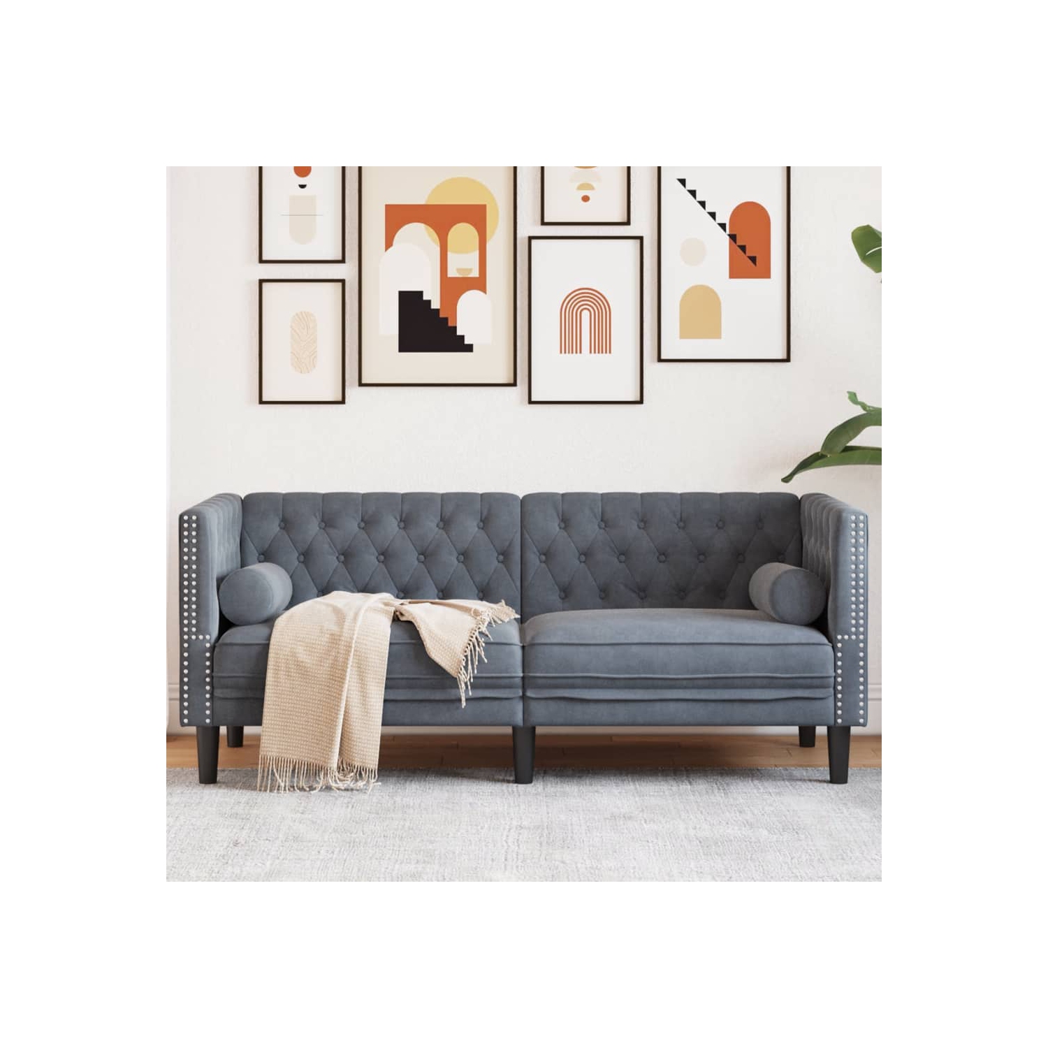 Sofa Chesterfield avec traversins à 2 places en velours gris foncé vidaXL