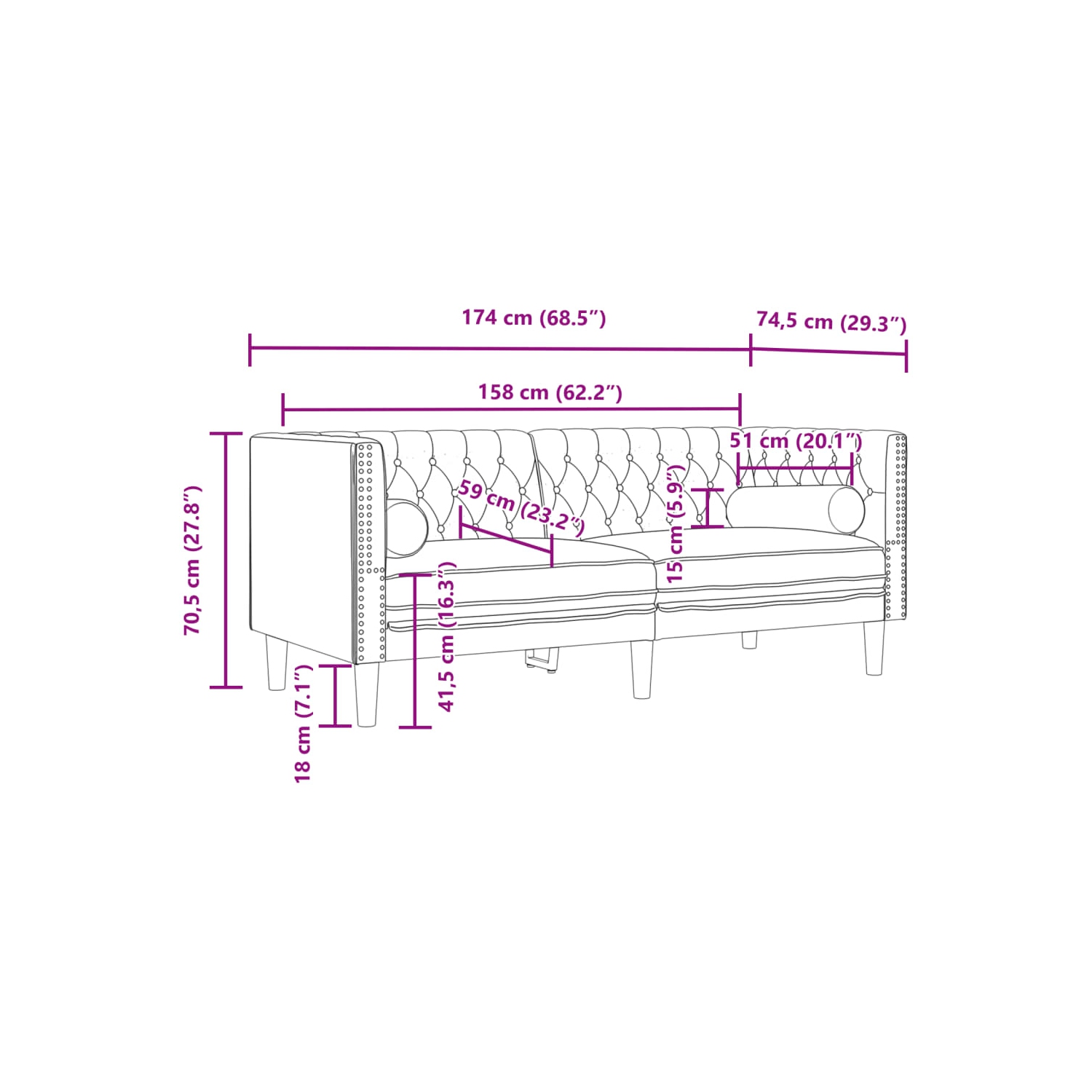 Sofa Chesterfield avec traversins à 2 places en velours gris foncé vidaXL