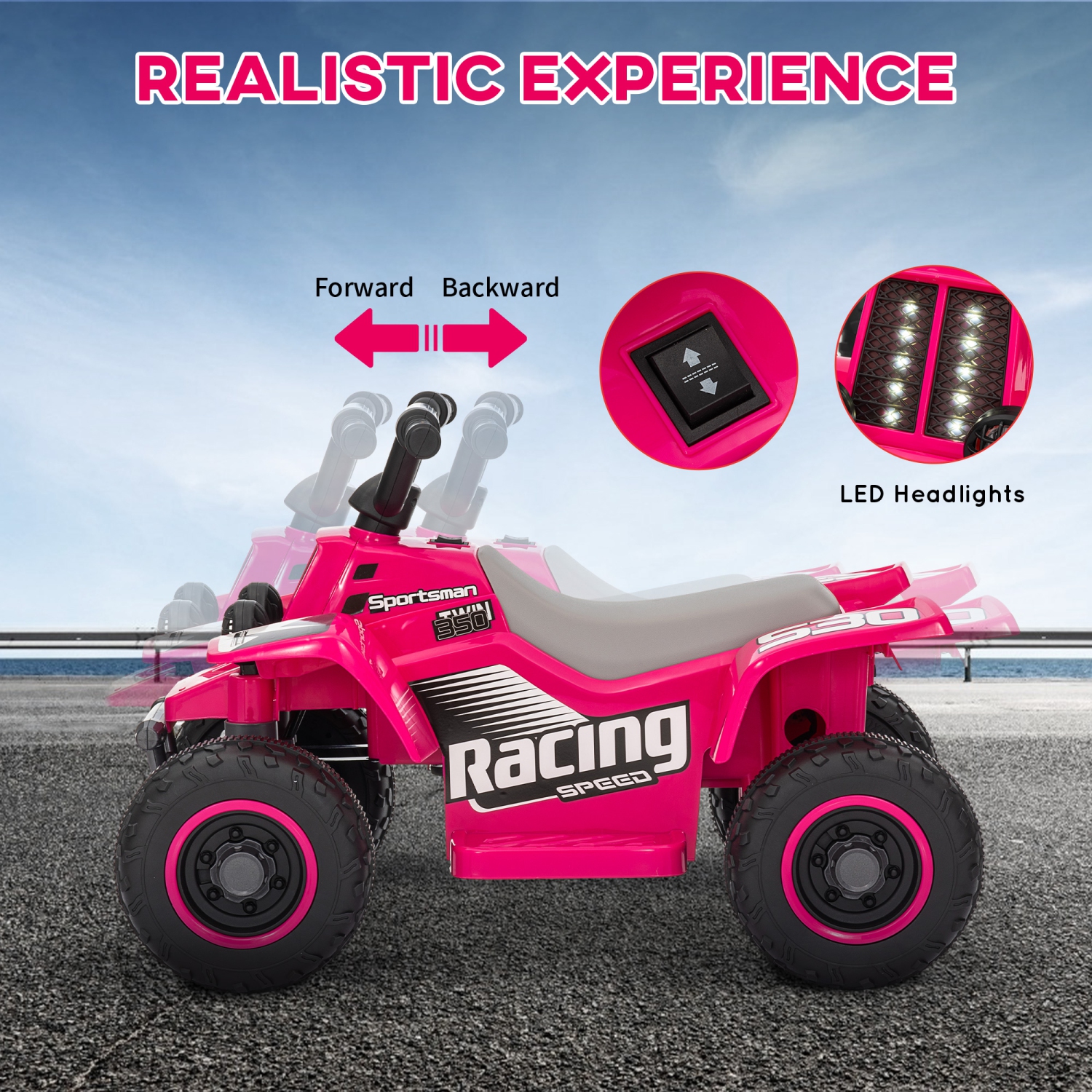 Qaba 6V Kids ATV Quad, 4 Wheeler Battery Powered Electric Ride on Car with LED Headlights, Forward Backward, for Boys and Girls, Pink