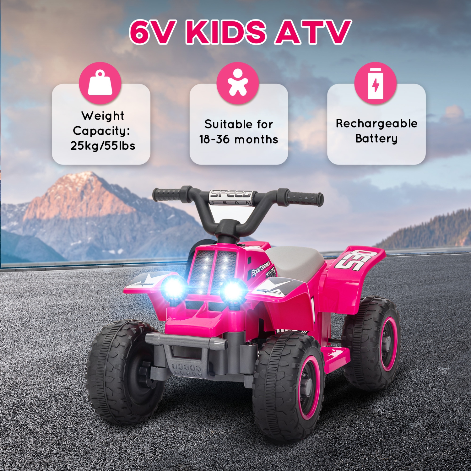 Qaba 6V Kids ATV Quad, 4 Wheeler Battery Powered Electric Ride on Car with LED Headlights, Forward Backward, for Boys and Girls, Pink