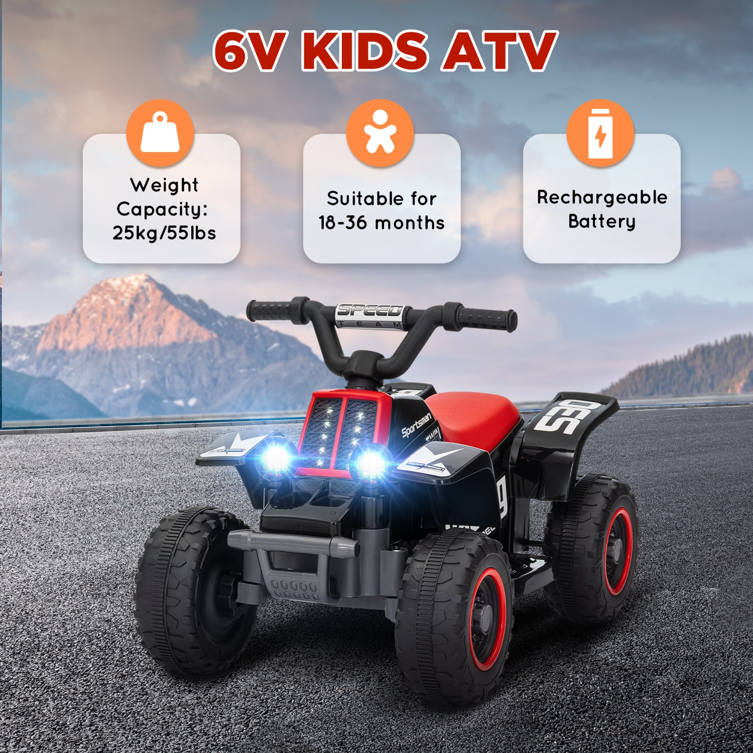 Qaba 6V Kids ATV Quad, 4 Wheeler Battery Powered Electric Ride on Car with LED Headlights, Forward Backward, for Boys and Girls, Black
