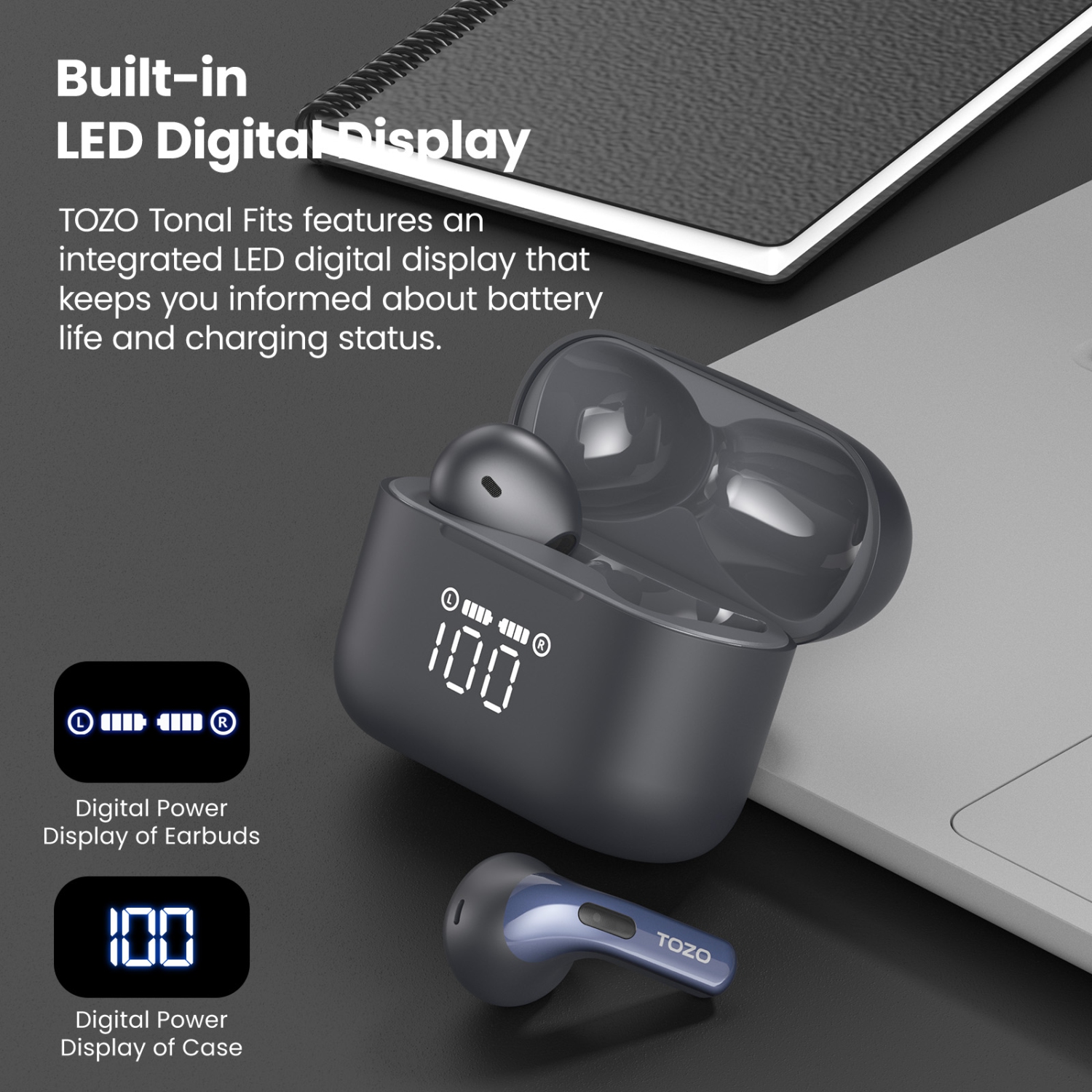 TOZO T21 Wireless Earbuds 5.3 Bluetooth Headphone in Ear with Dual Mic Noise Cancelling IPX8 Waterproof 44H Playback Stereo Sound with Power Display