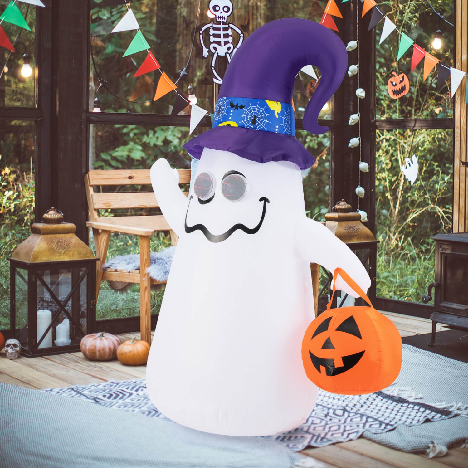 6 Ft Halloween Inflatables Cute Ghost with Jack-O-Lantern & Witch