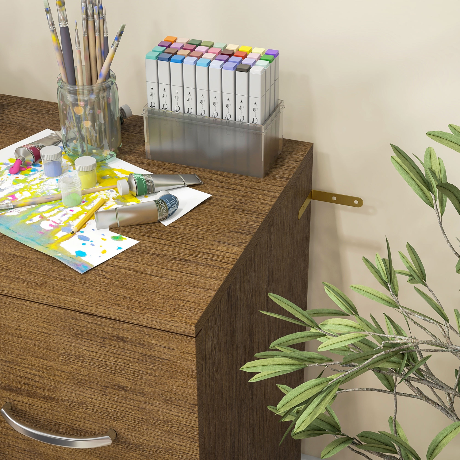 Vinsetto – Classeur latéral à 2 tiroirs avec verrou, classeur avec barre de suspension pour format lettre, bureau à domicile, brun clair