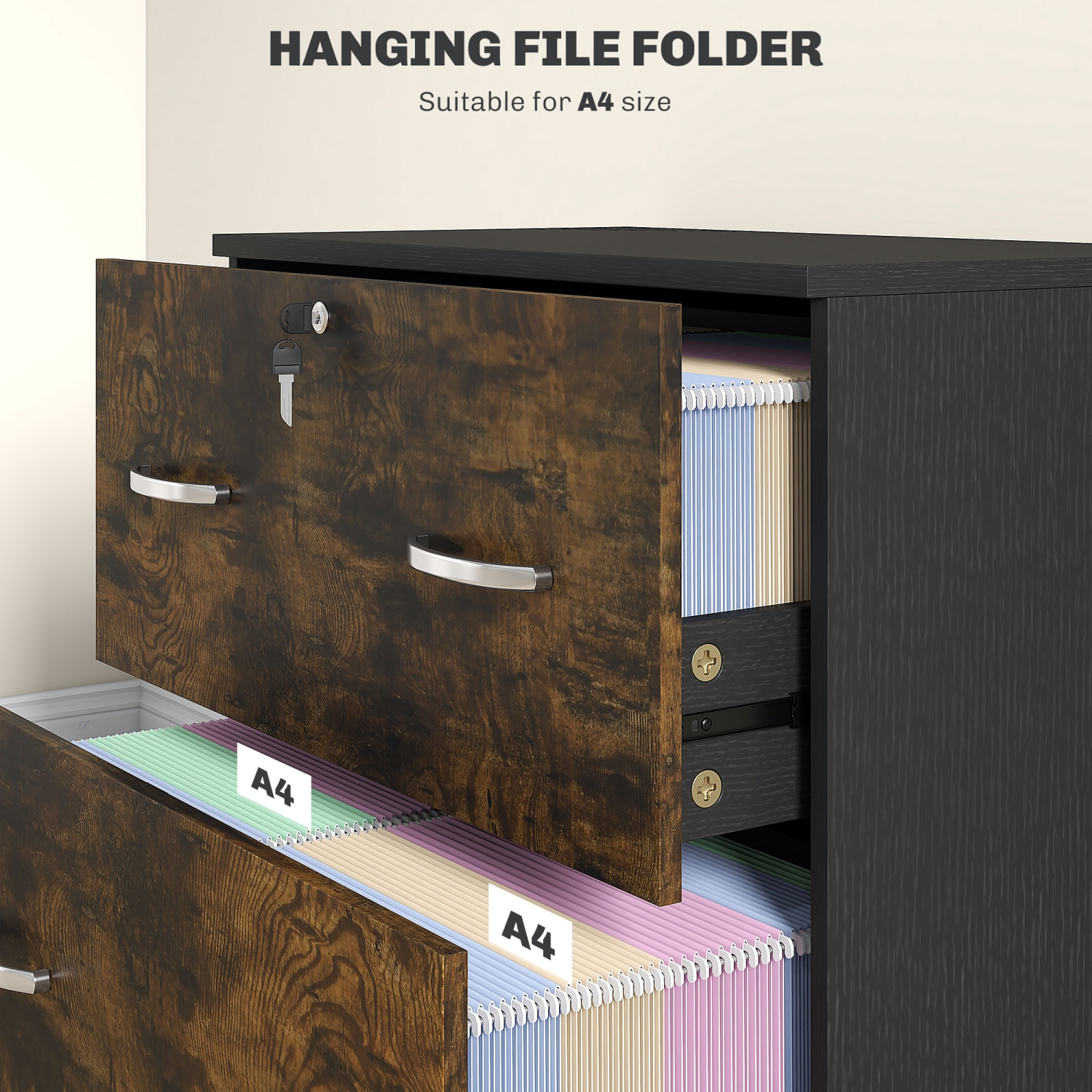 Vinsetto – Classeur latéral à 2 tiroirs avec verrou, classeur avec barre de suspension pour format lettre, bureau à domicile, brun rustique