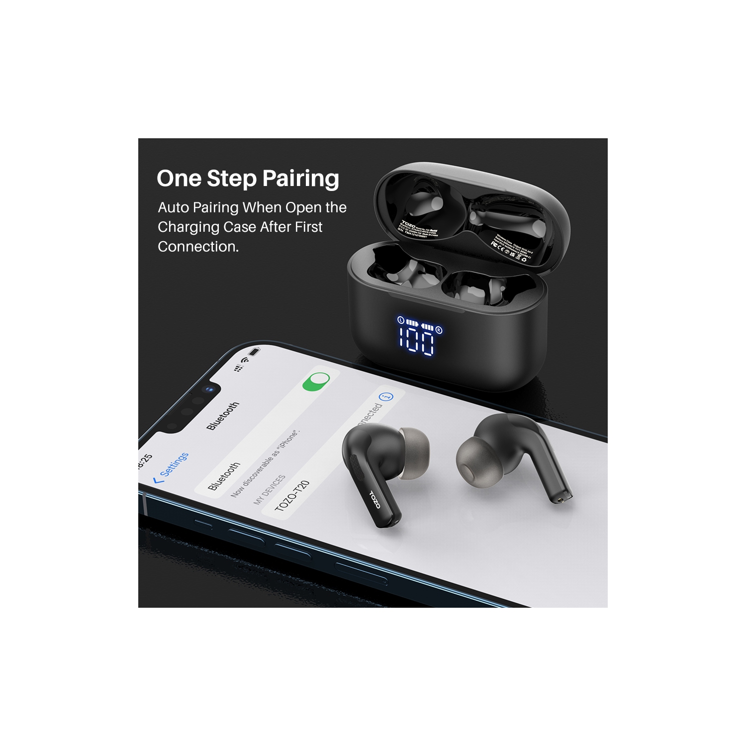 TOZO T20 Wireless Earbuds Bluetooth Headphones with LED Digital Display Built-in Mics Call Noise Cancelling -Black