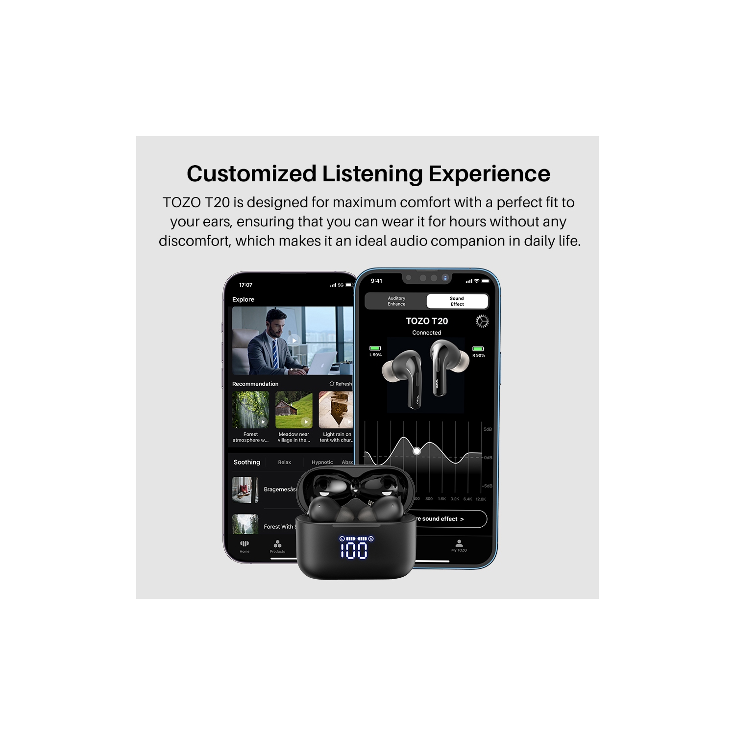 TOZO T20 Wireless Earbuds Bluetooth Headphones with LED Digital Display Built-in Mics Call Noise Cancelling -Black