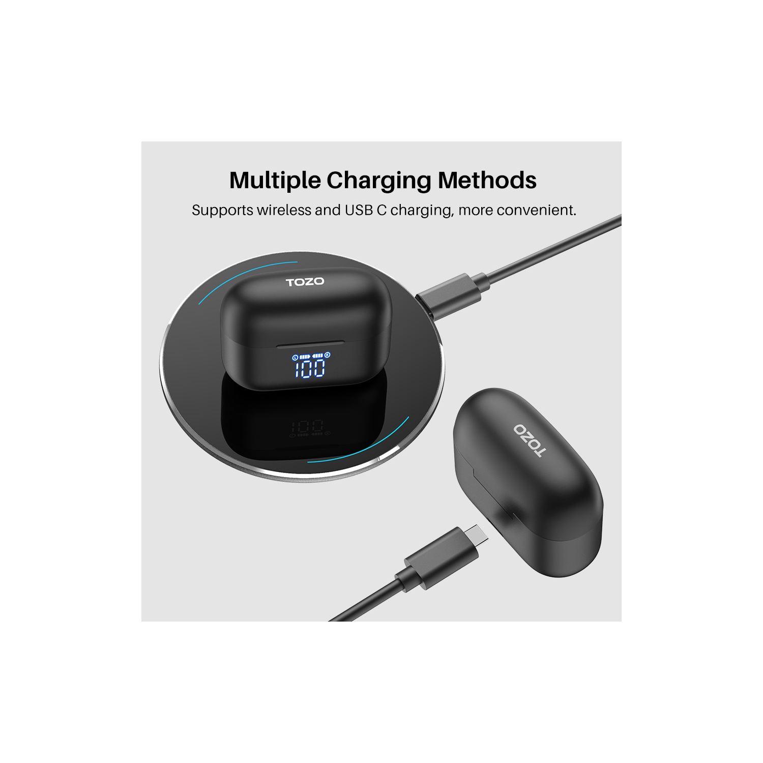 TOZO T20 Wireless Earbuds Bluetooth Headphones with LED Digital Display Built-in Mics Call Noise Cancelling -Black