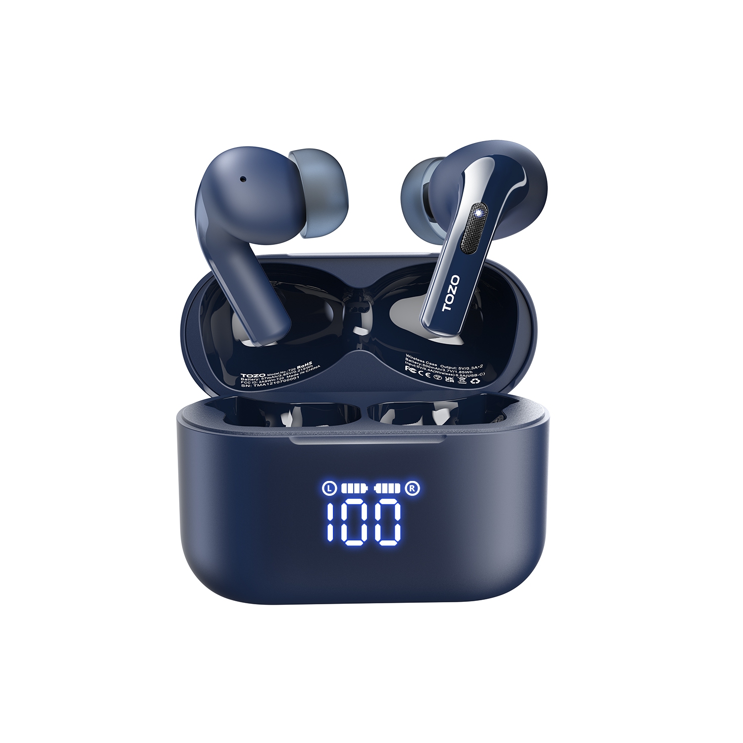 TOZO T20 Wireless Earbuds Bluetooth Headphones 48.5 Hrs Playtime with LED Digital Display, IPX8 Waterproof, Dual Mic Call Noise Cancelling Wireless Charging Case Blue