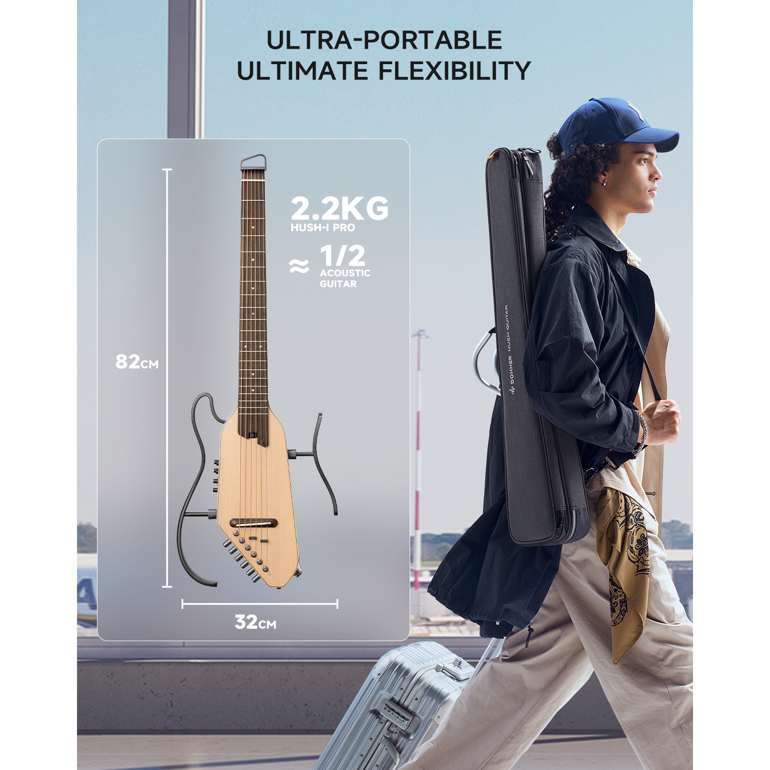 Donner HUSH-I PRO Acoustic-Electric Travel Guitar Kit with Inserted Sound Effects Natural