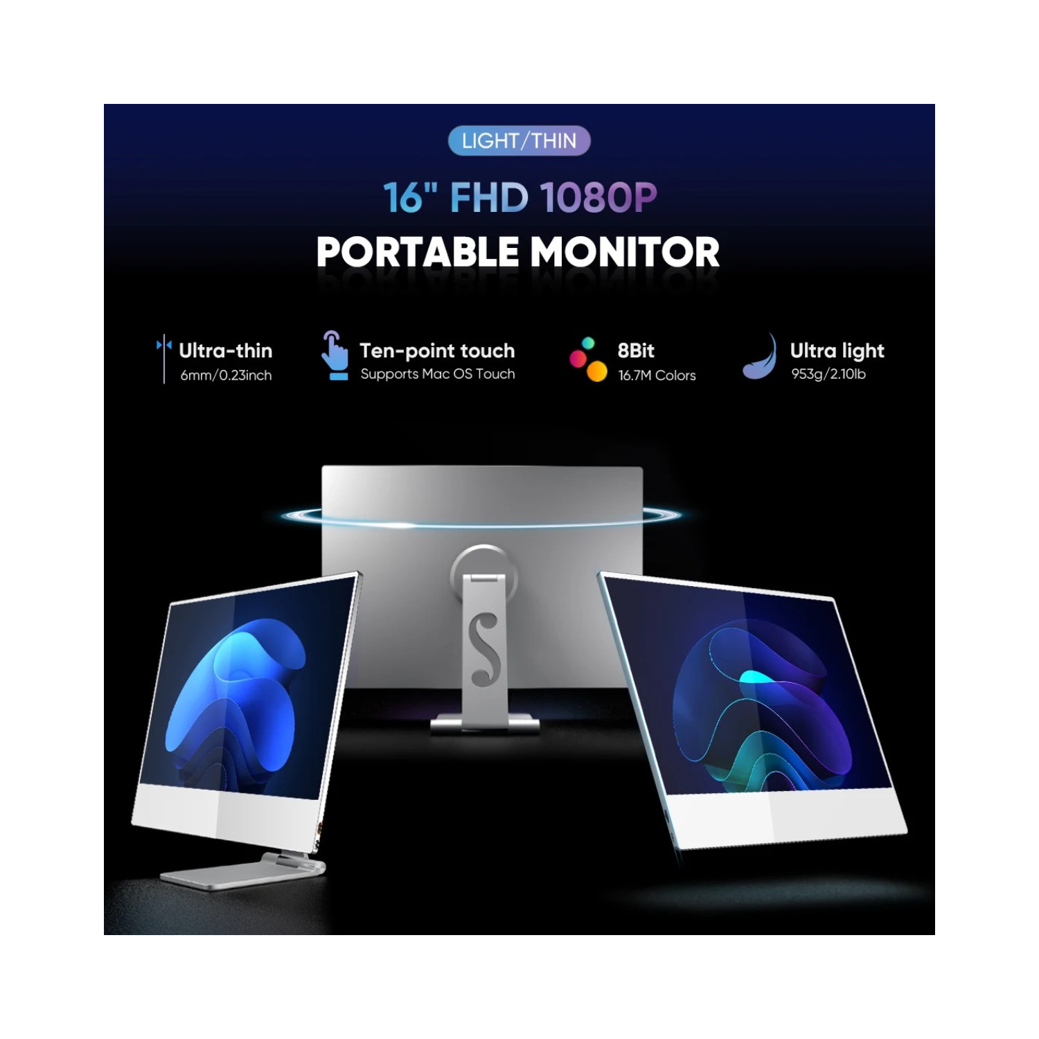 TUTT 16” Portable Touchscreen Monitor FHD IPS | Stand & Case | Built-in Speaker | Aluminum Frame