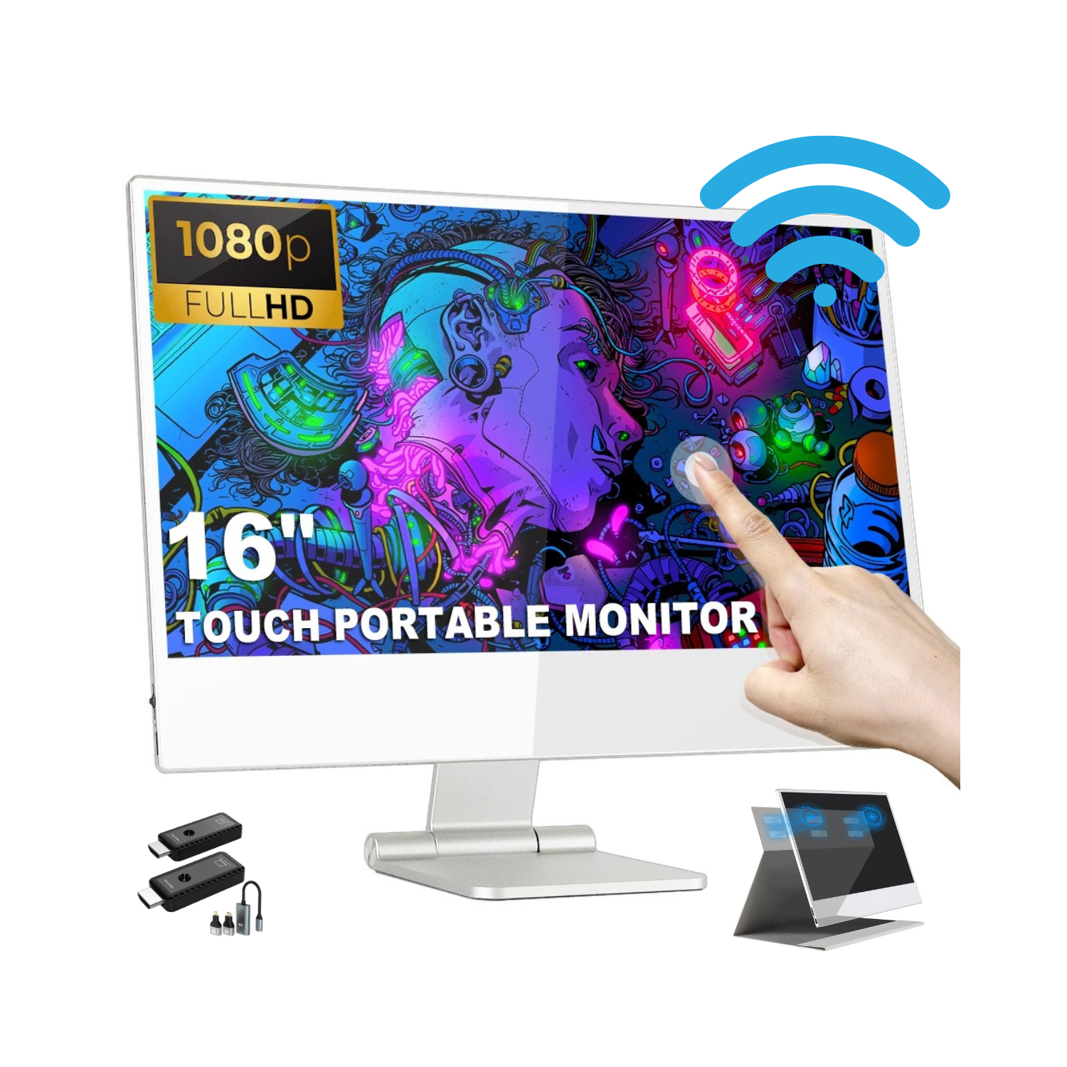 TUTT Wireless 16” Portable Touchscreen Monitor FHD IPS | Stand & Case | Built-in Speaker | Premium Aluminum Alloy | Technical Support Line